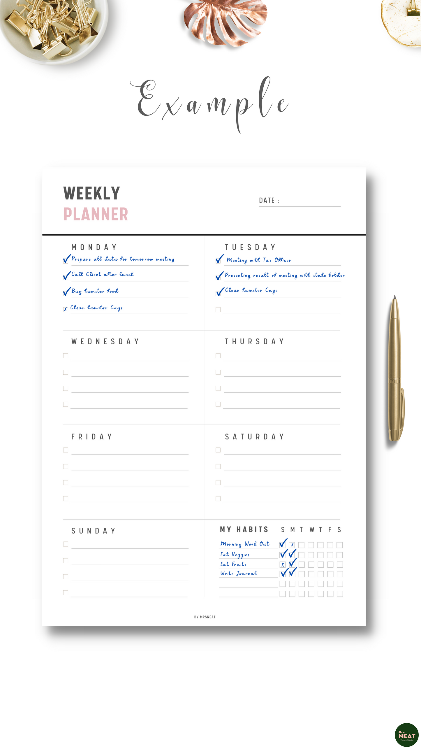 beautiful and clean weekly planner with room for checklist box and Daily Habits Tracker