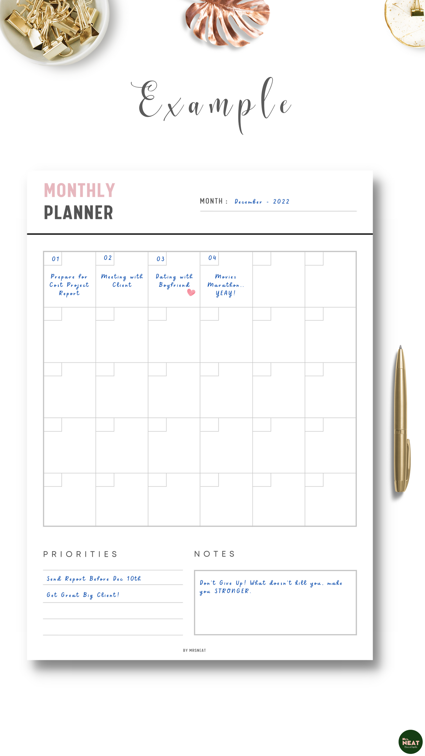 Clean and Minimalist Monthly Planner with list of schedule, priorities and notes as an example