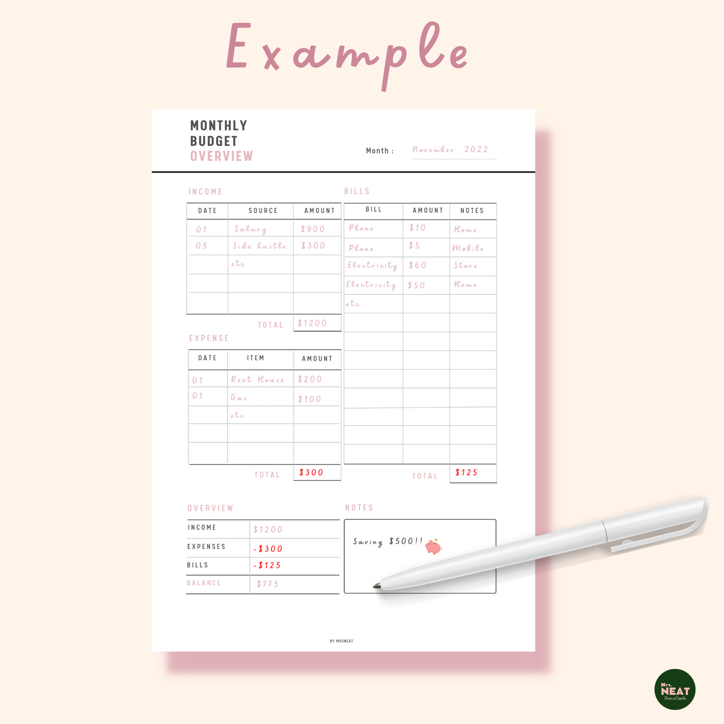 Black Pink Monthly Budget Overview with list of income, expense, bills, overview and notes