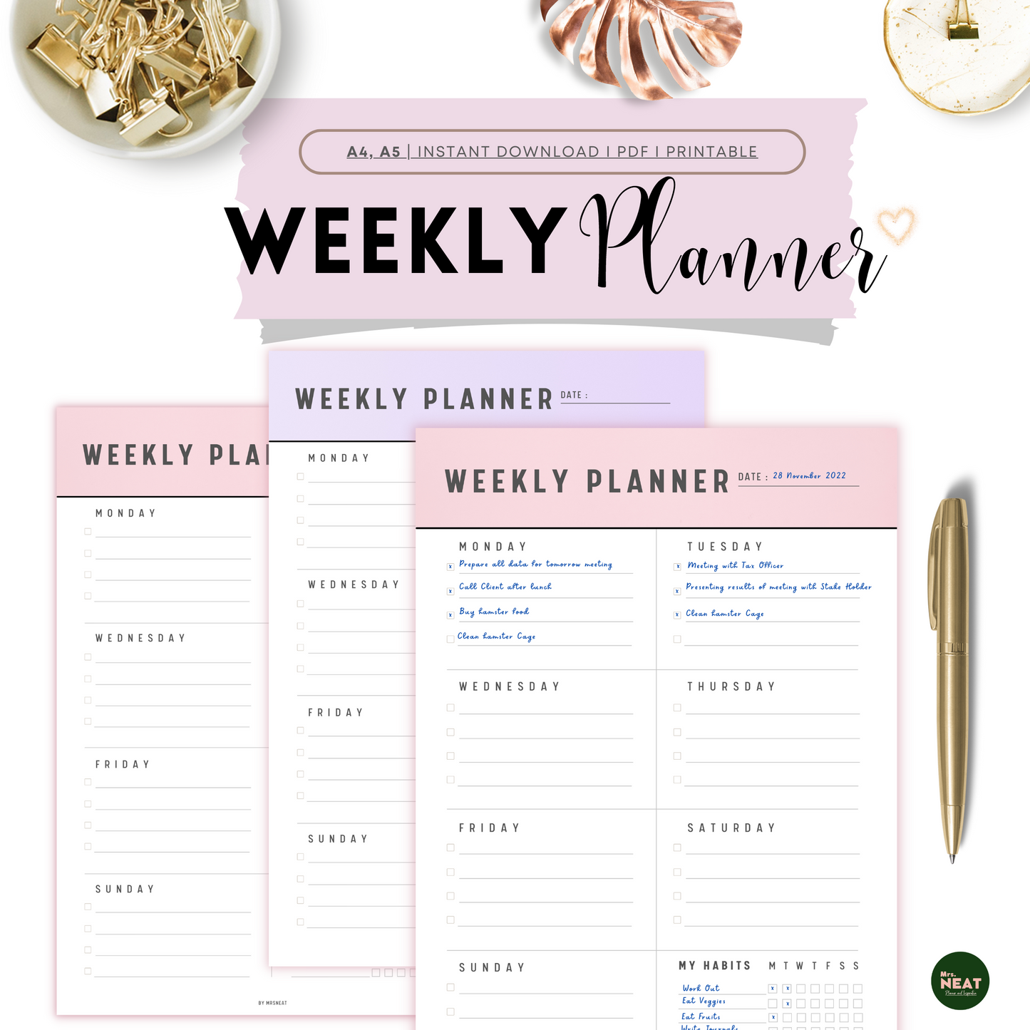 3 pages weekly planner in beautiful purple and pink color and gold pen