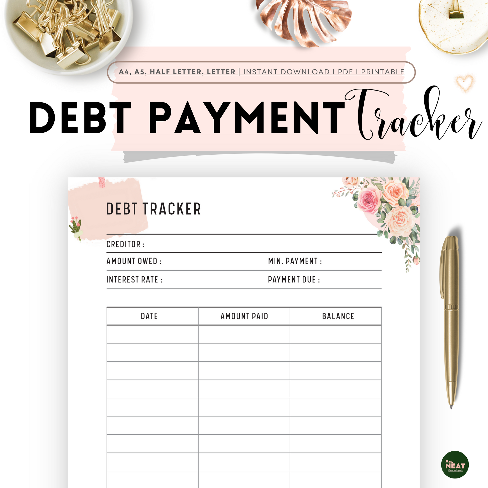 Beautiful Pink Floral Debt Payment Tracker Planner