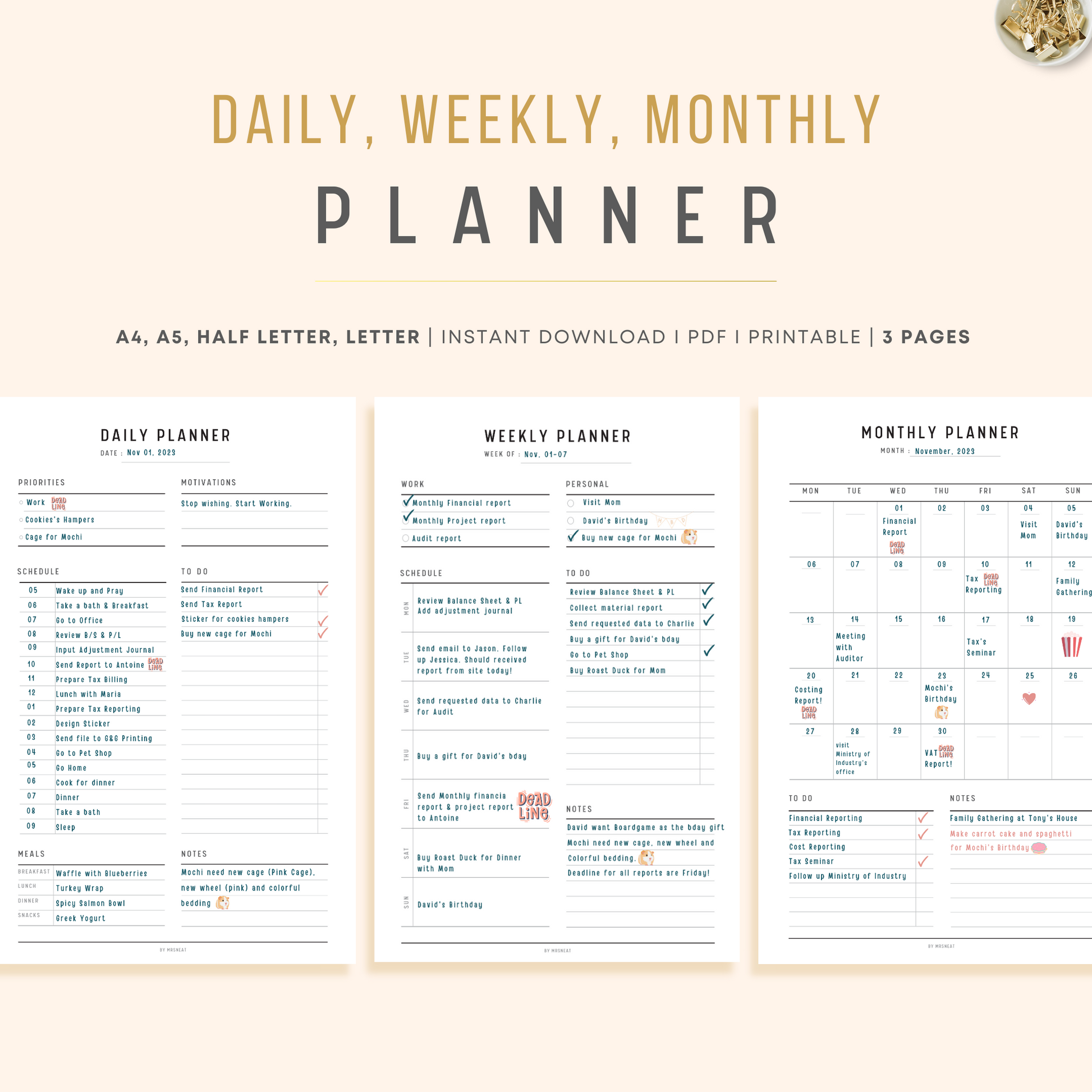 Daily, Weekly and Monthly Planner Printable in Minimalist and Clean Design