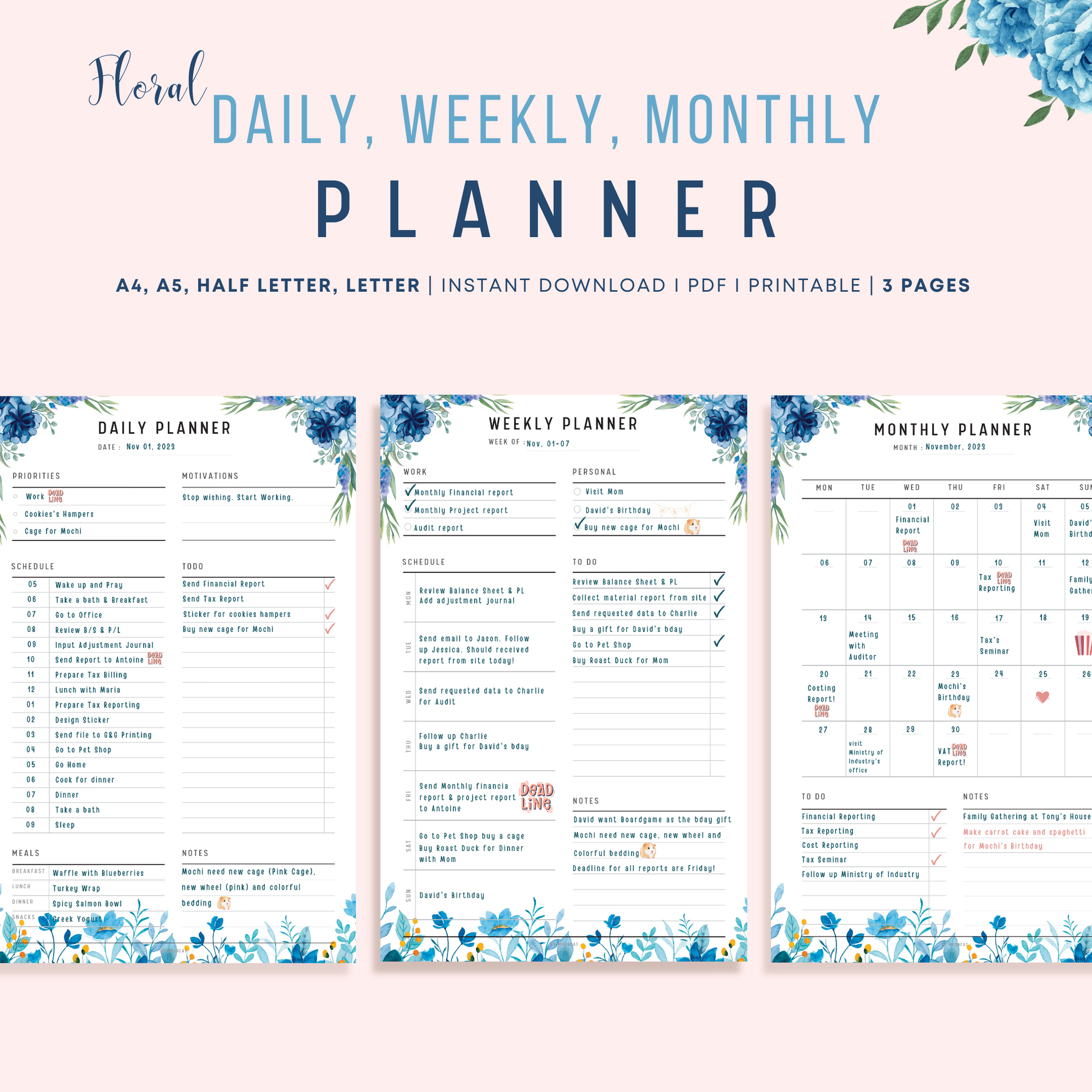 Blue Floral Daily, Weekly, Monthly Planner Printable in Minimalist Design