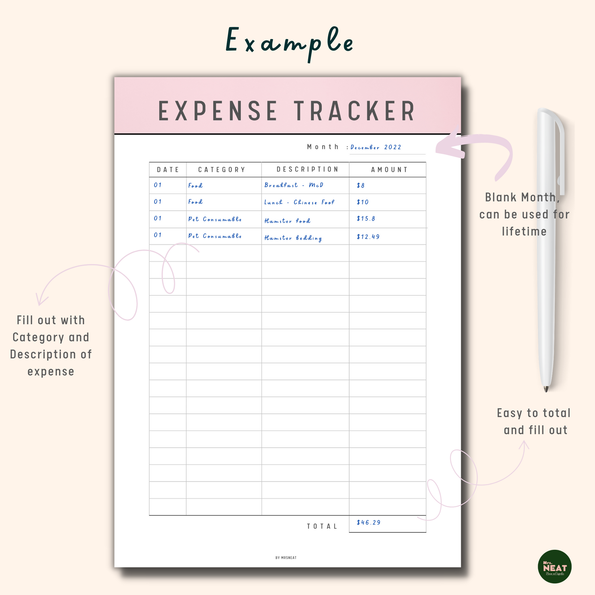 Pink Expense Tracker Printable