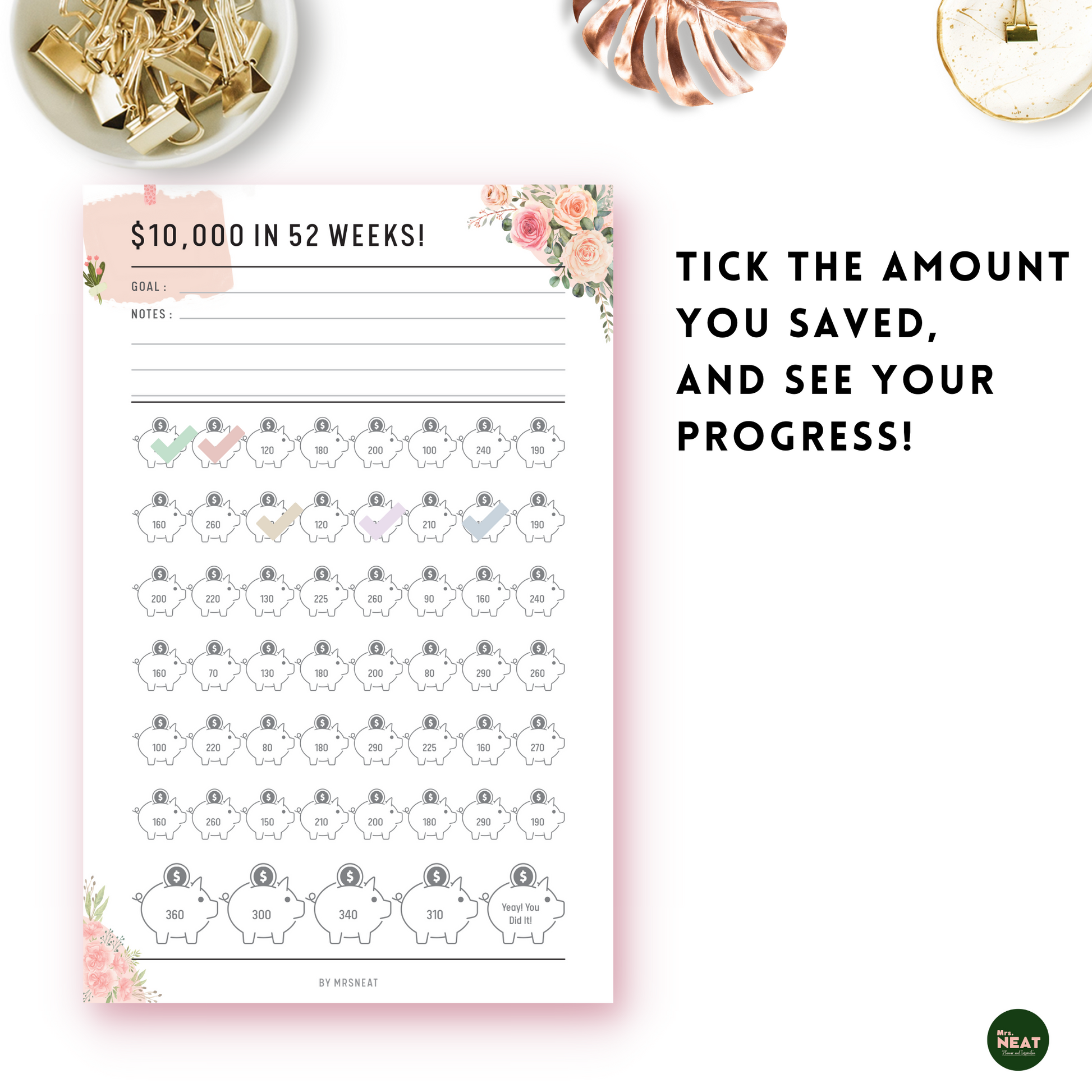Colorful Piggy Bank on Pink Floral Money Saving Challenge Planner to save $10000 in 52 Weeks