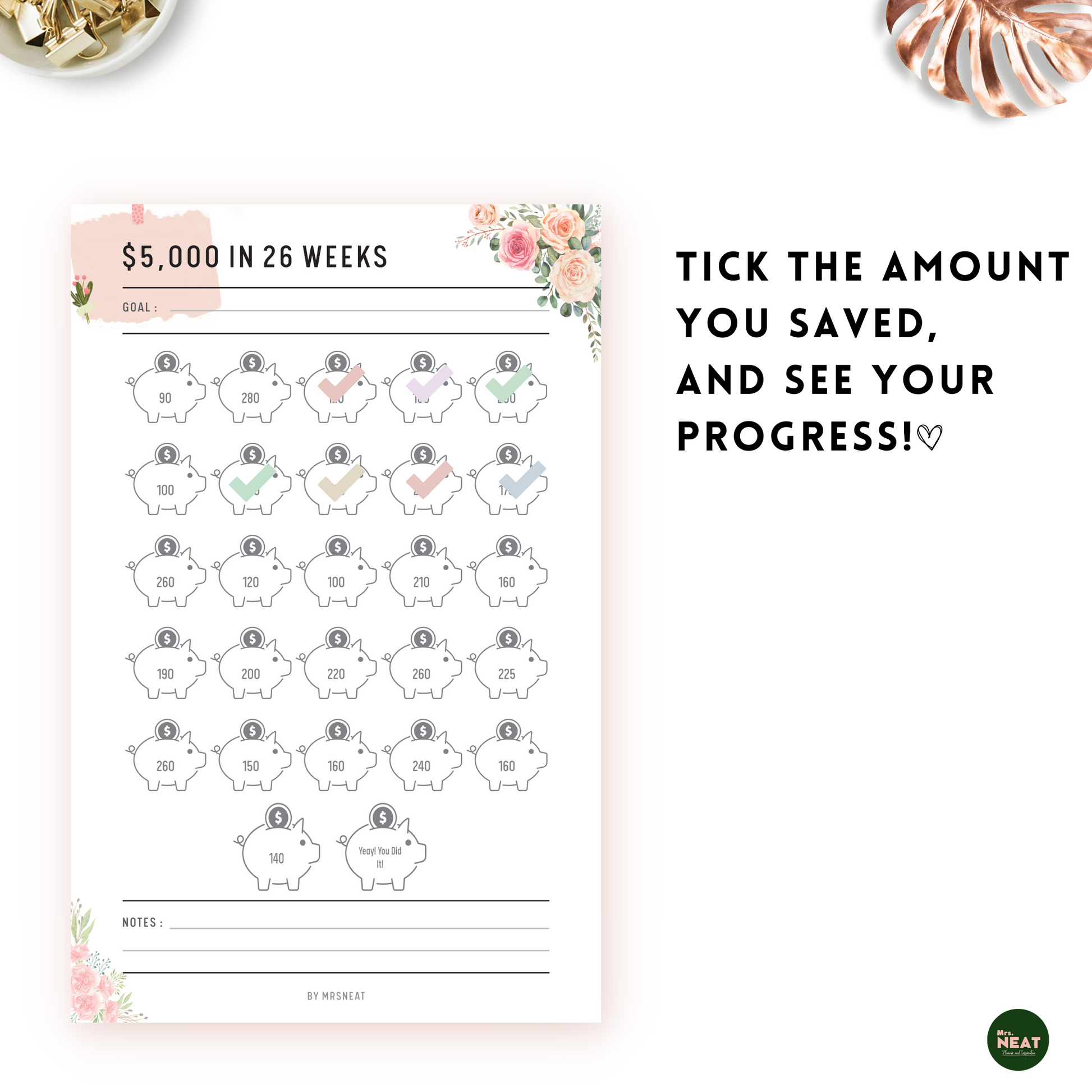 7 colorful piggy bank on Floral $5000 Money Saving Challenge in 26 Weeks Planner