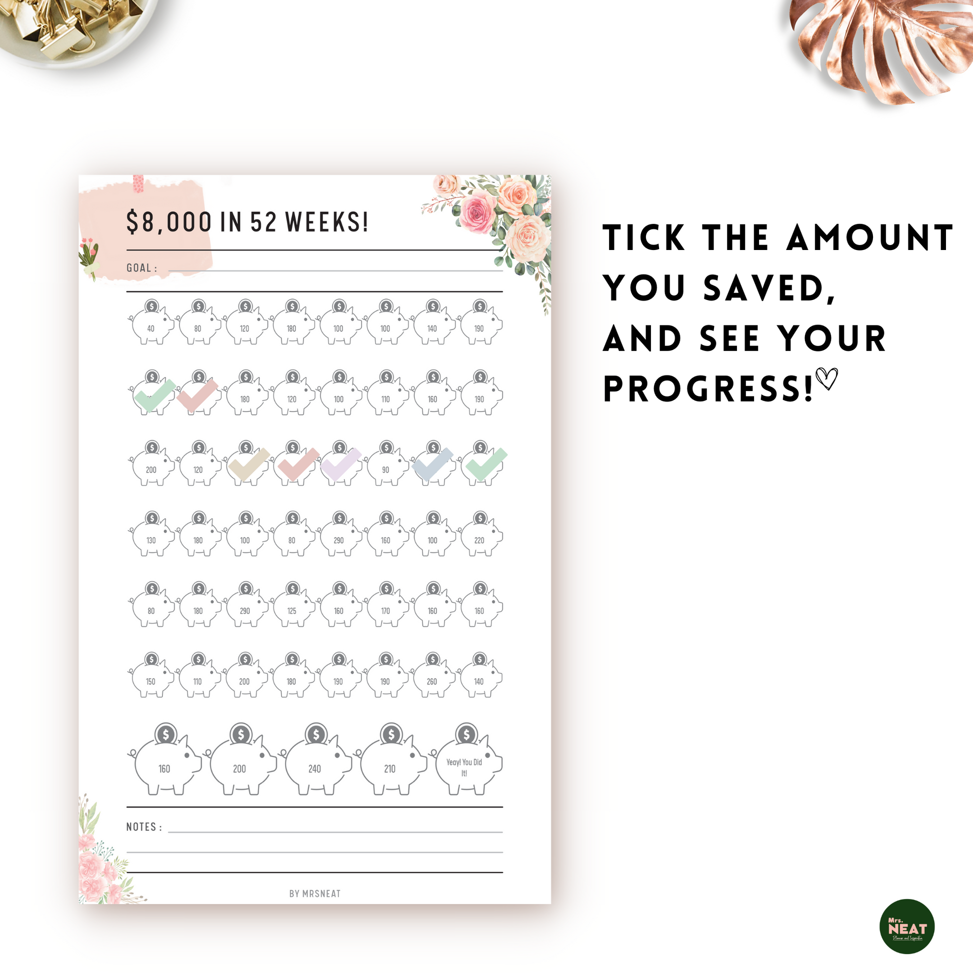 7 Colorful Piggy Bank on Floral Money Saving Challenge Planner to save $8000 in 52 weeks