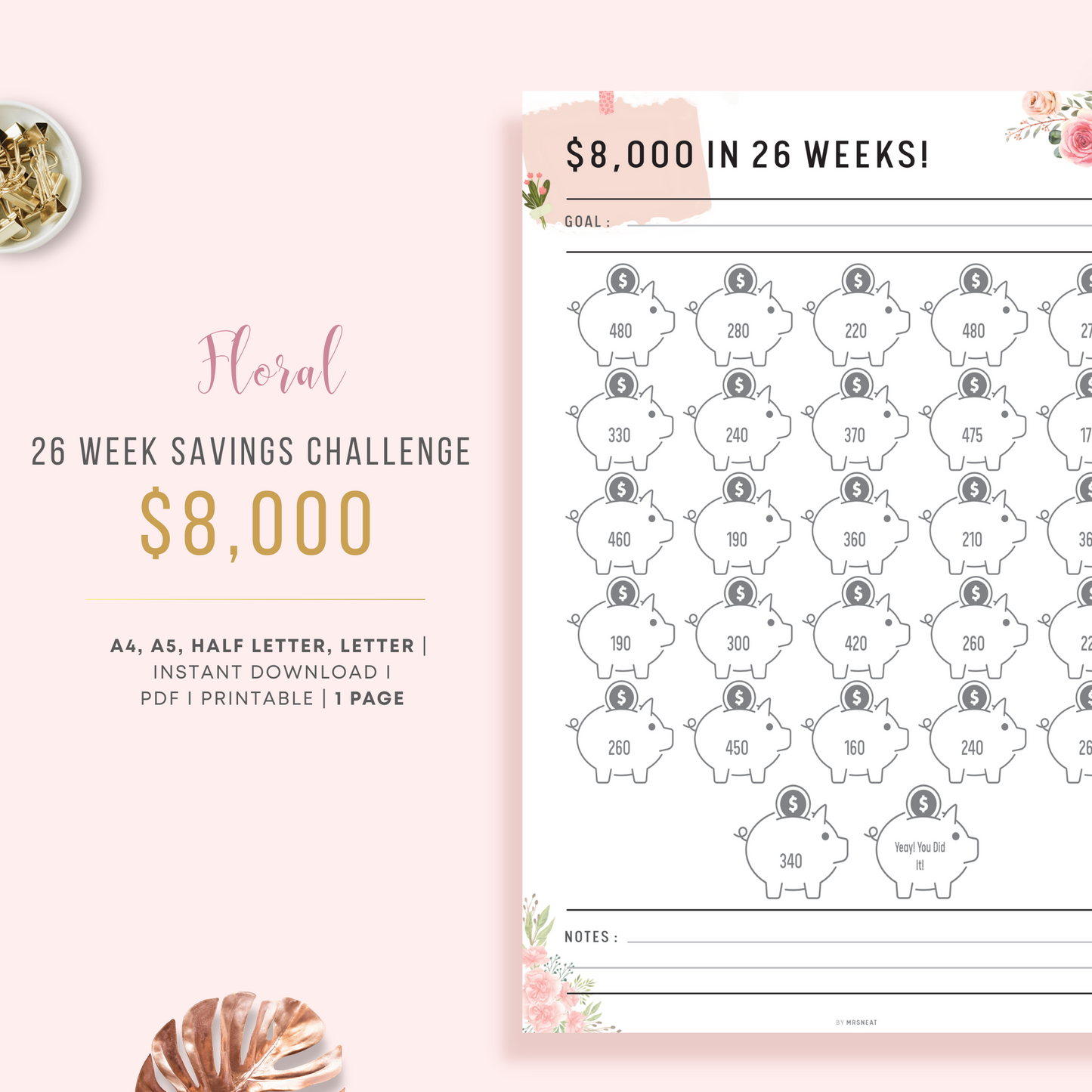 Cute and Beautiful Pink Floral $8000 Money Saving Challenge in 26 Weeks Planner