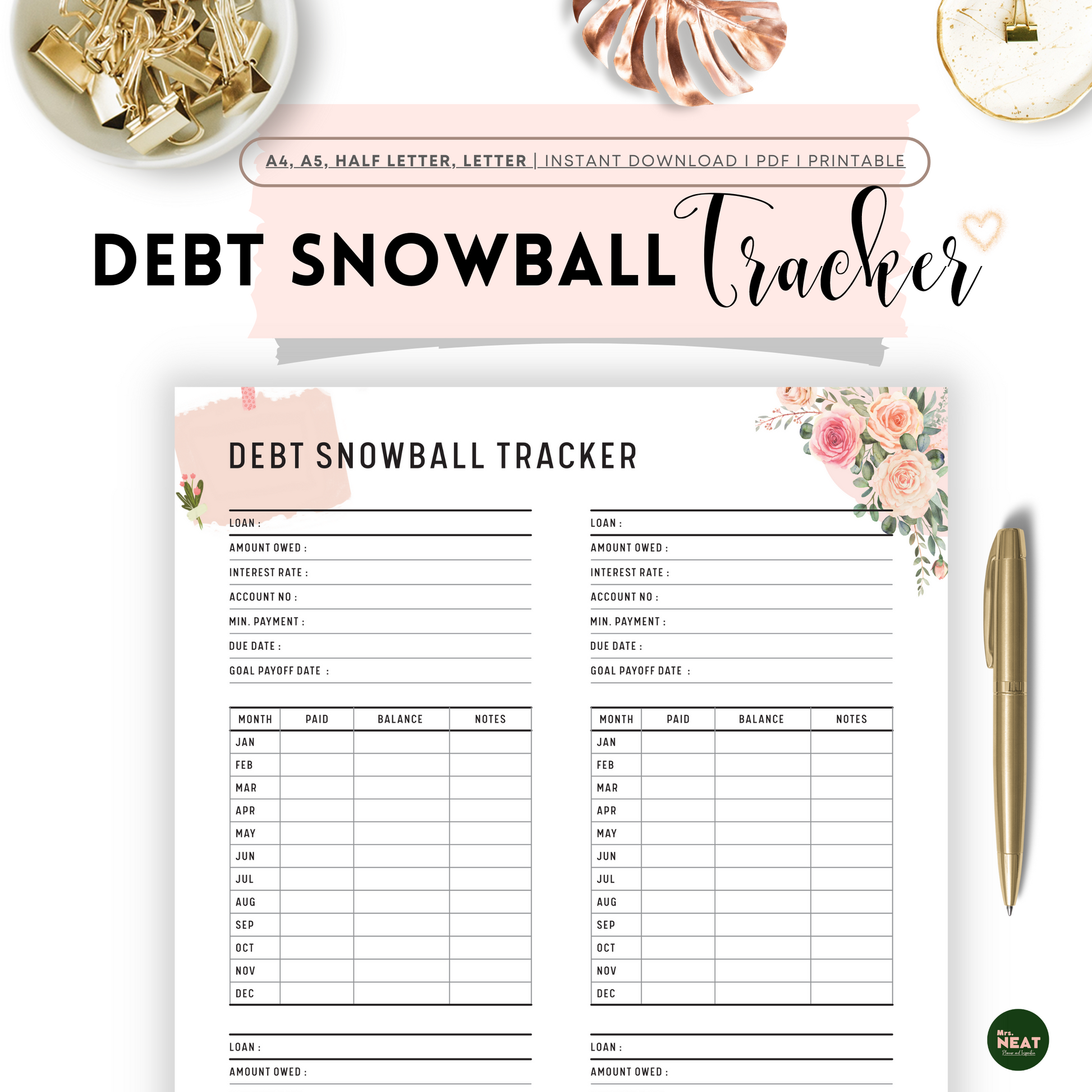 Cute and Beautiful Pink Floral Detailed Debt Snowball Tracker 
