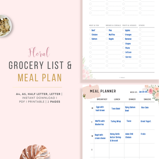 Floral Grocery Shopping List and Weekly Meal Planner Printable