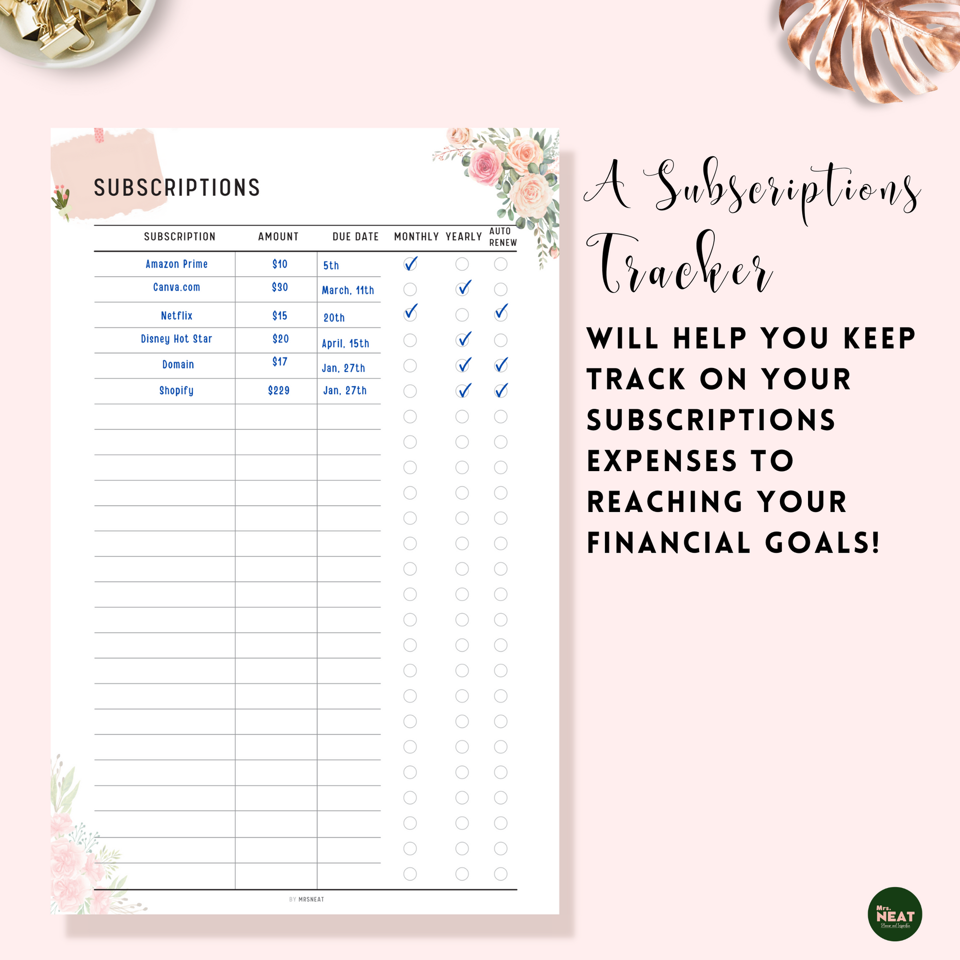 Floral Subscription Tracker Planner with detail of subscription expenses