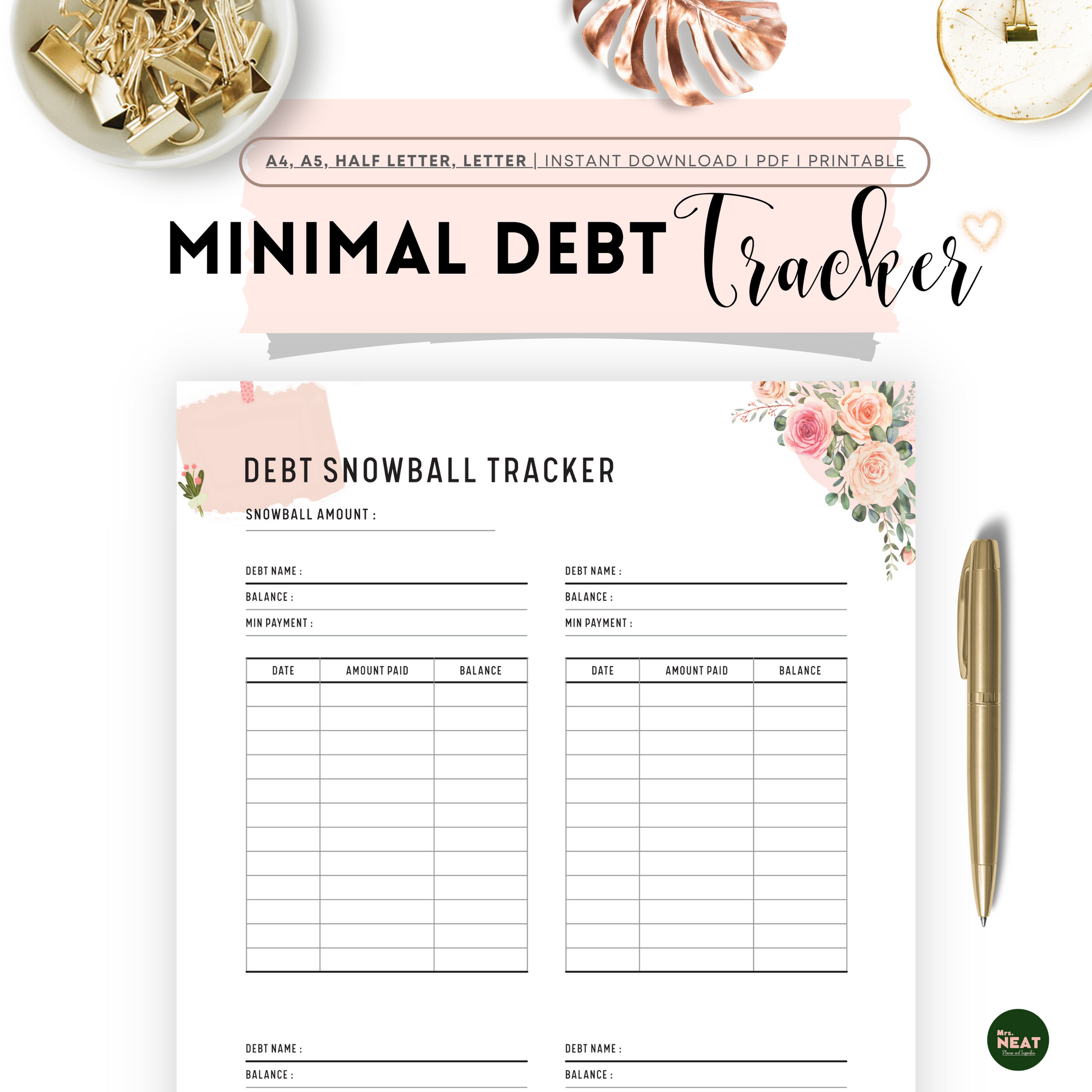 Cute and Beautiful Floral Debt Snowball Tracker in Minimalist Design
