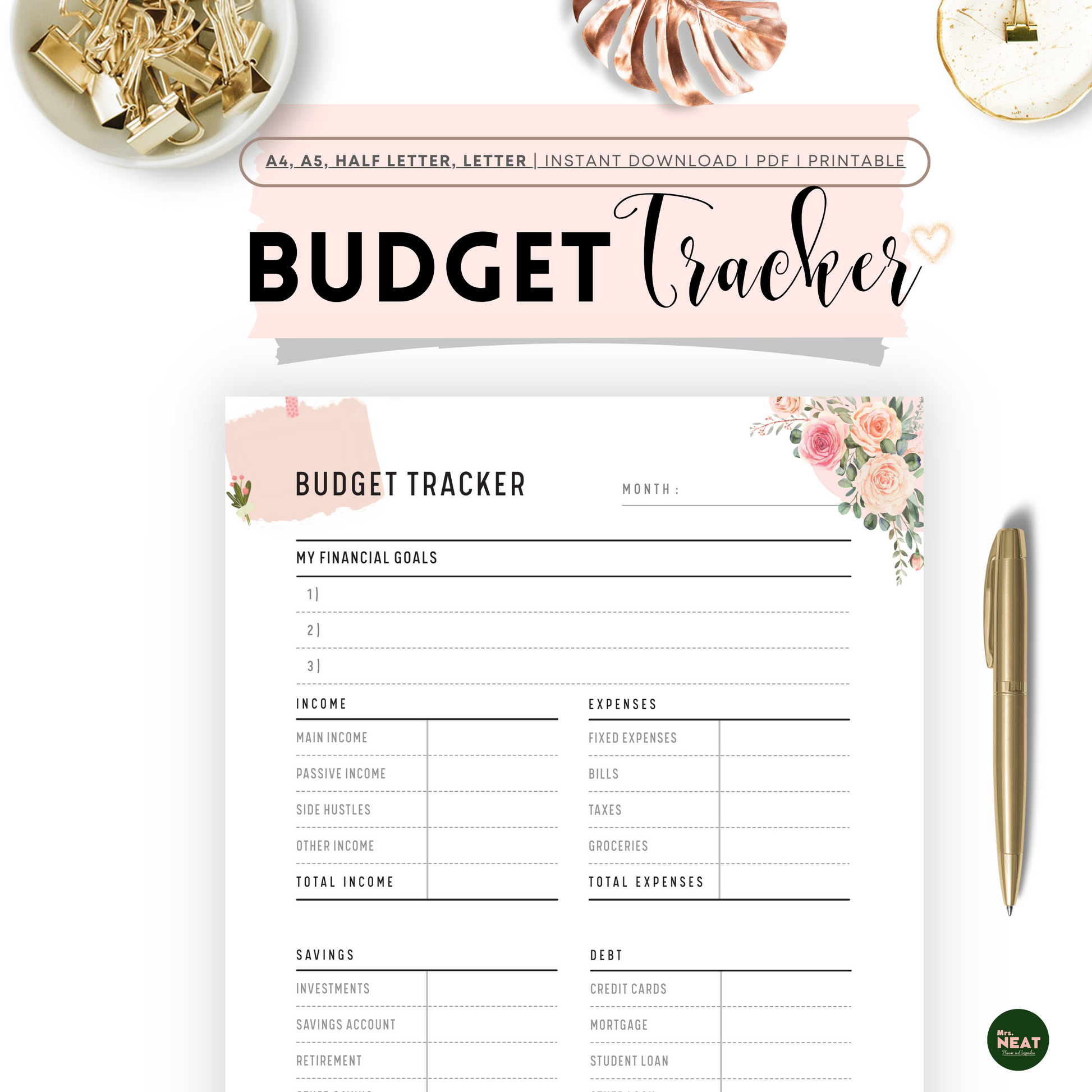 Cute and Beautiful Pink Floral Budget Tracker Planner in Minimalist Design