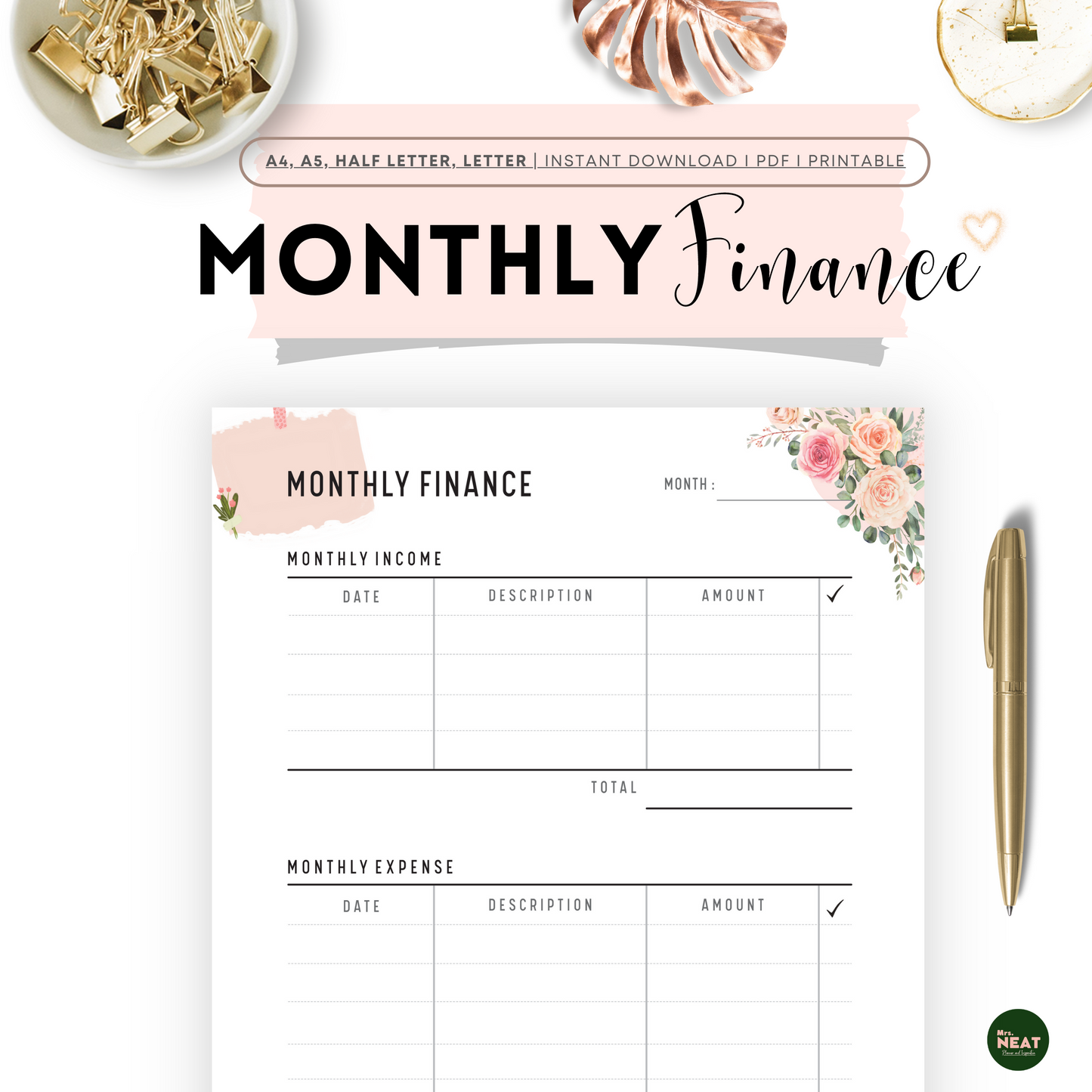 Cute and Beautiful Pink Floral Monthly Finance Planner