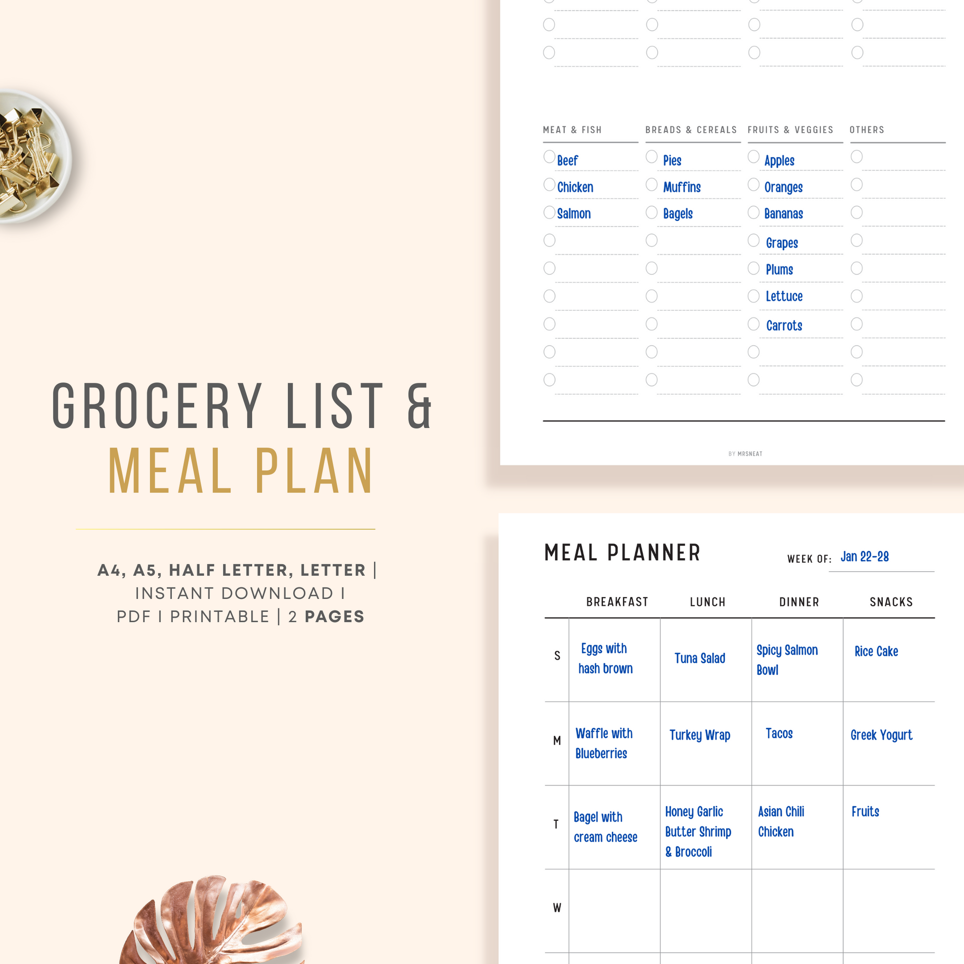 Minimalist and Clean Grocery Shopping List and Weekly Meal Planner Printable