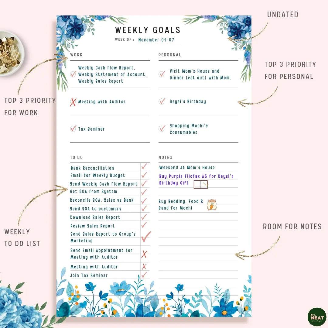 Floral Blue Weekly Goal Planner with room for Work and Personal Goals, Weekly To Do and Notes