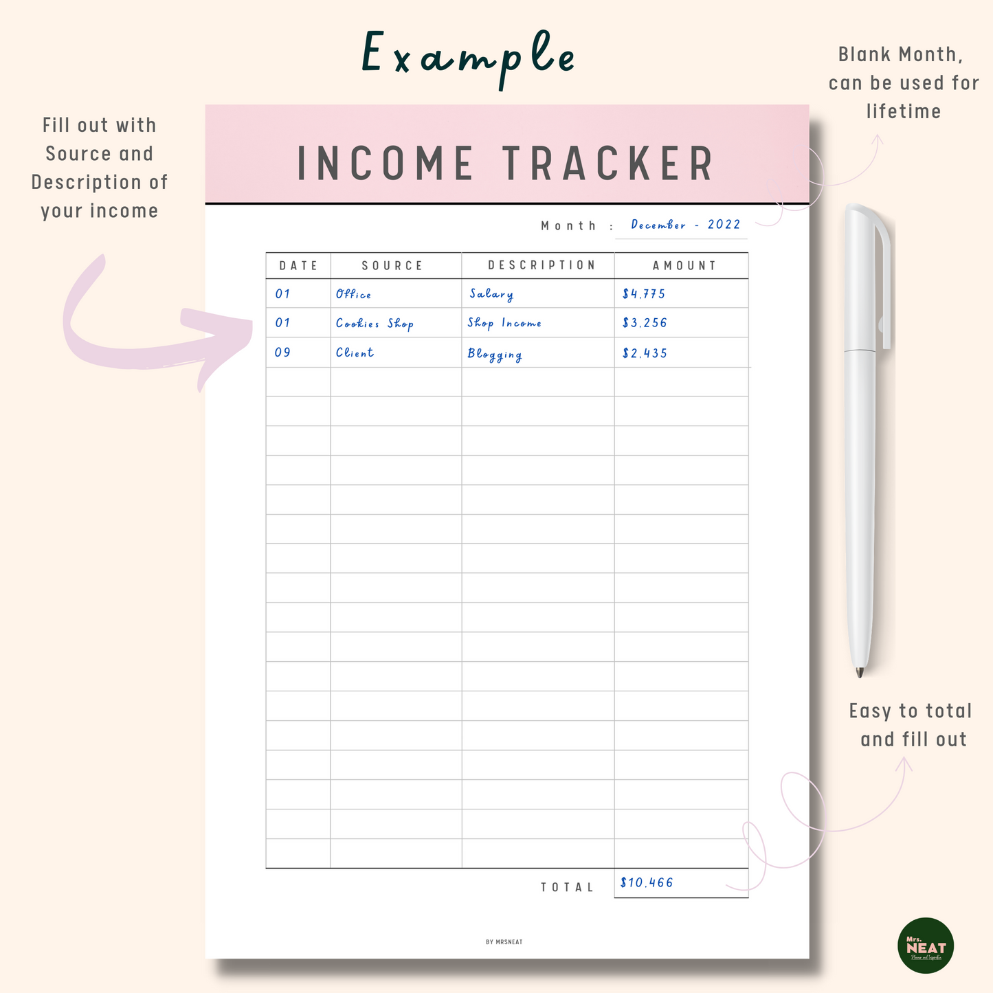 Income Tracker Printable Planner