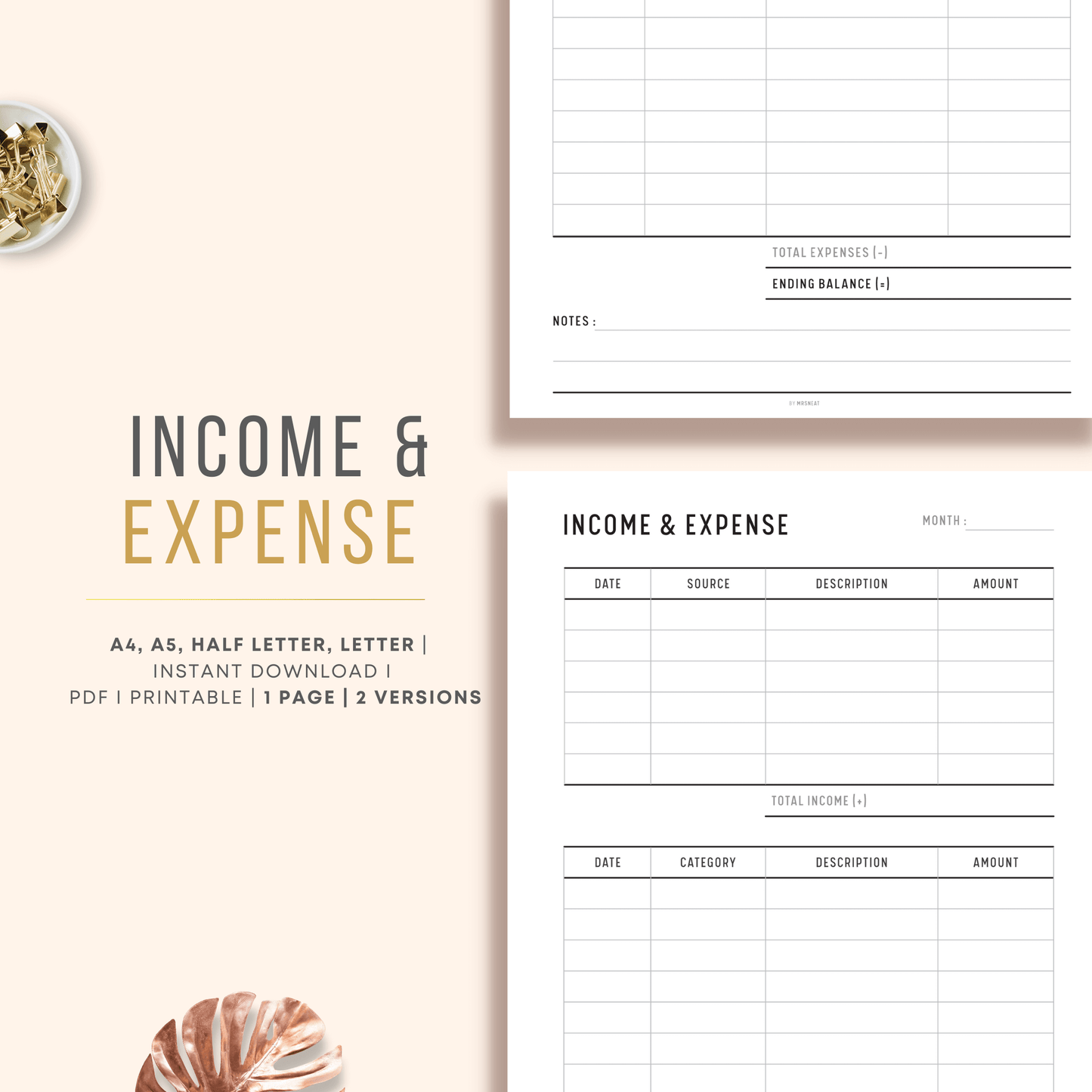 Minimalist Income and Expense Tracker Planner in one page