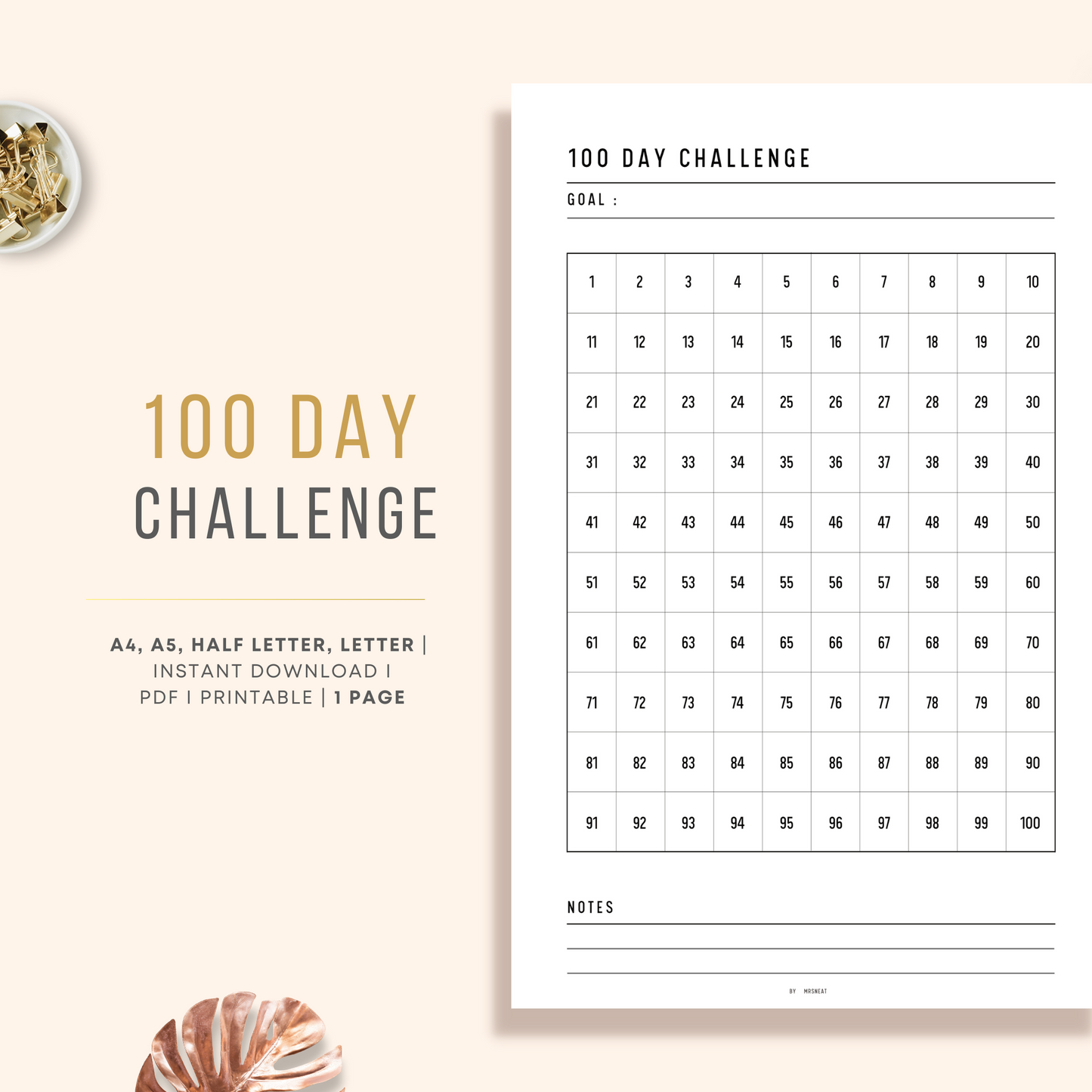 Clean and Minimalist 100 Challenge Habit Tracker Printable Planner