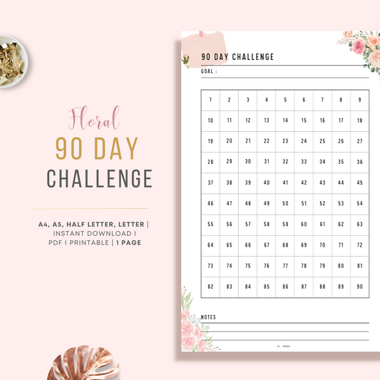 Beautiful Pink Floral 90 Day Challenge Tracker Planner Printable 