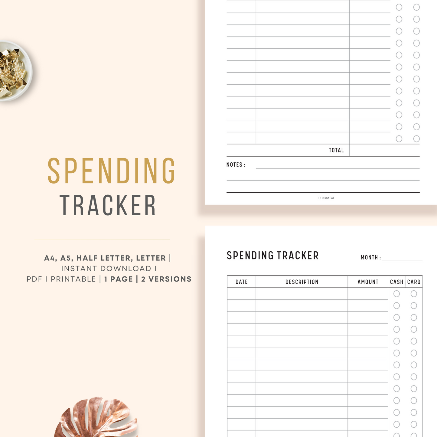 Clean and Minimalist Spending Tracker Printable Planner with 2 different version