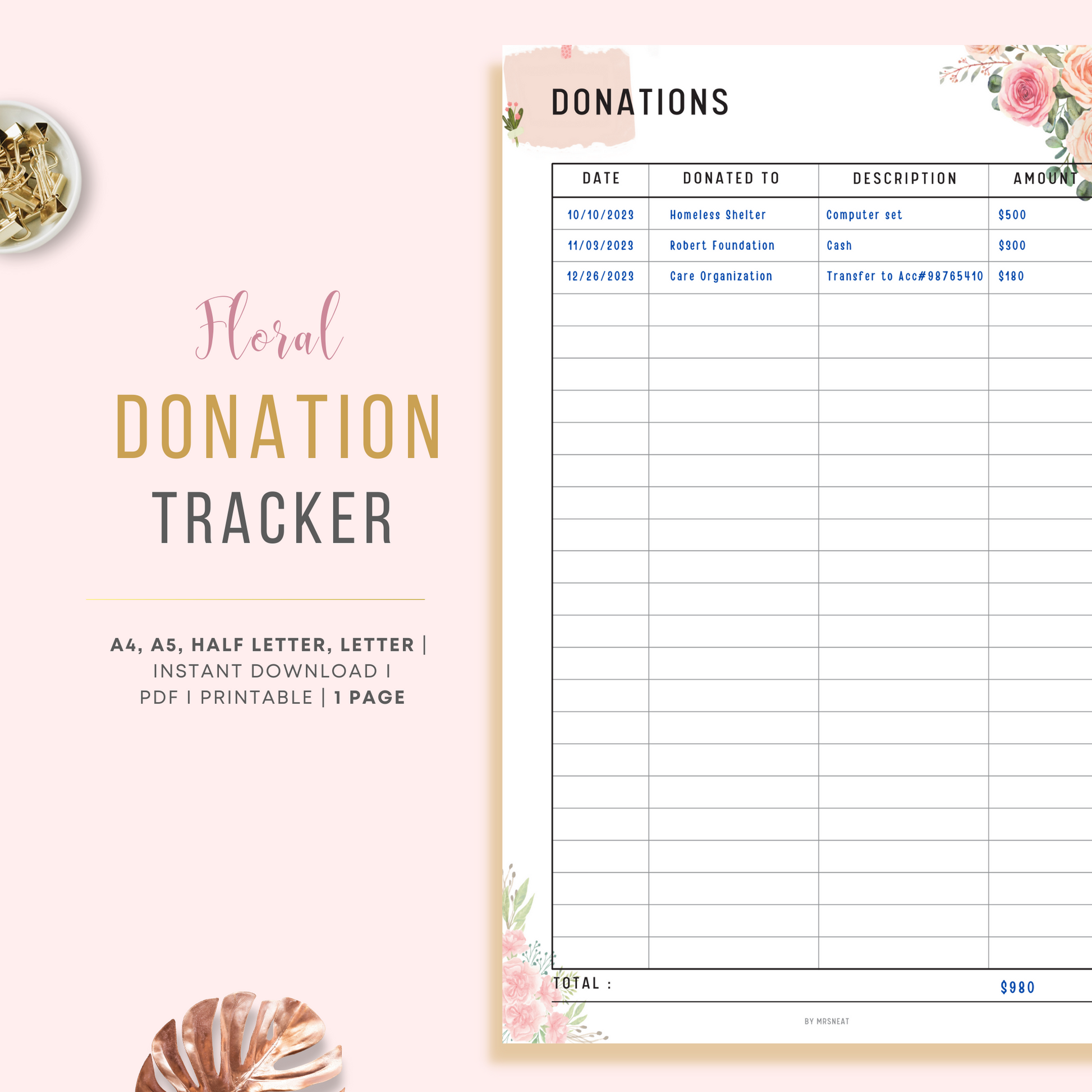 Beautiful and Cute Pink Floral Donation Tracker Planner Printable