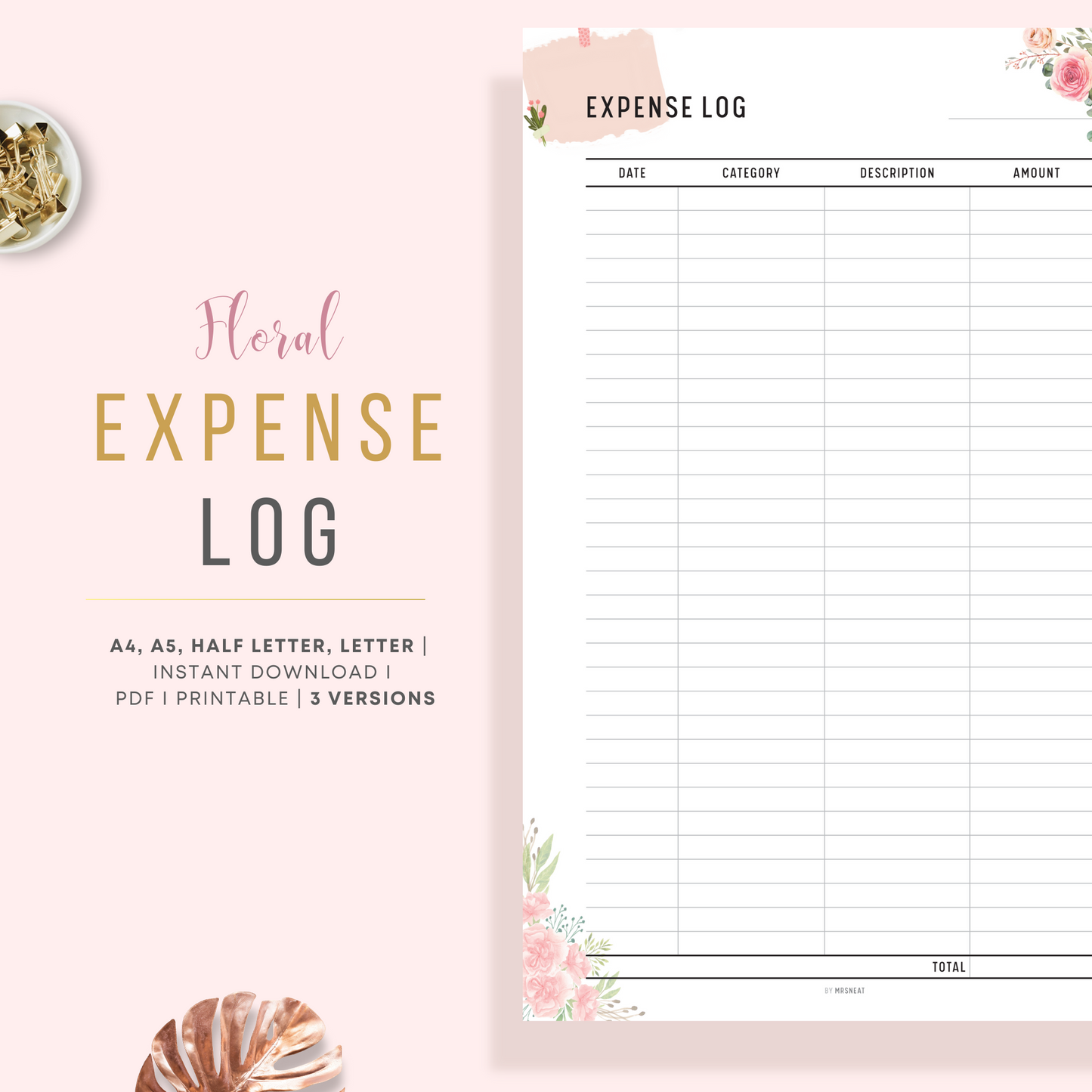 Cute and Beautiful Pink Floral Expense Log Tracker Planner Printable 