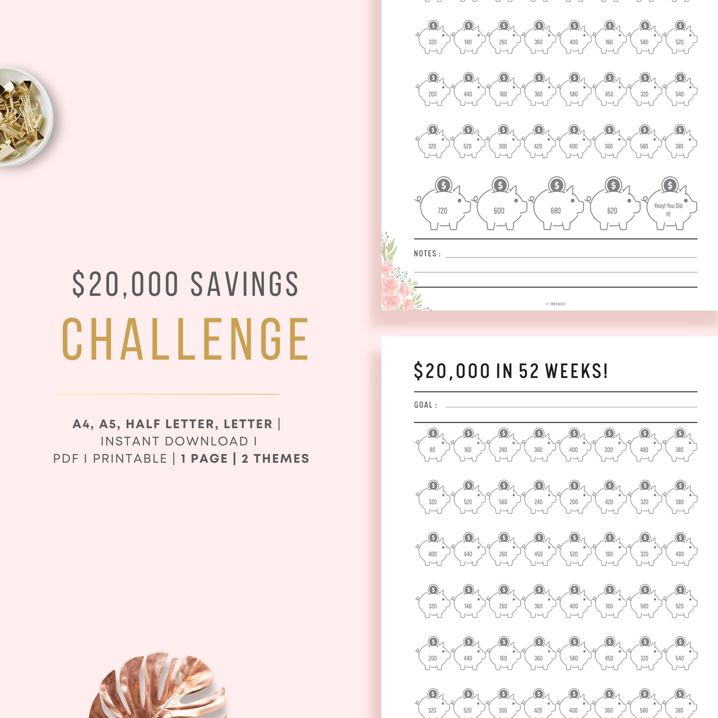 $20,000 Savings Challenge Planner in Neutral and Floral Themes with room for goal and notes