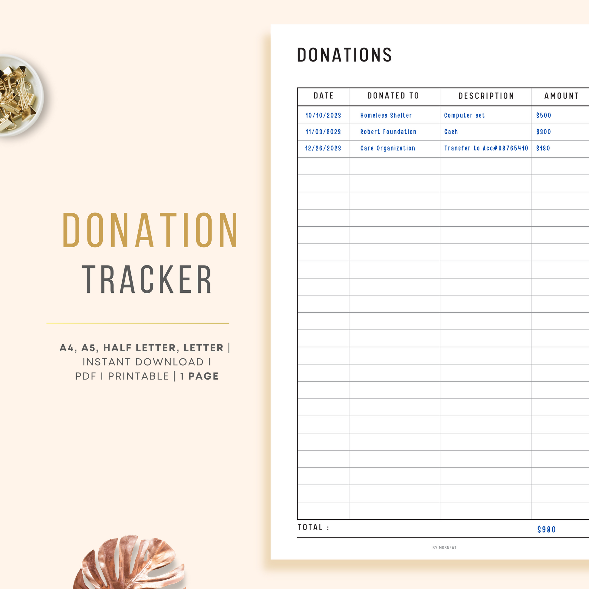 Clean and Minimalist Donation Tracker Planner Printable