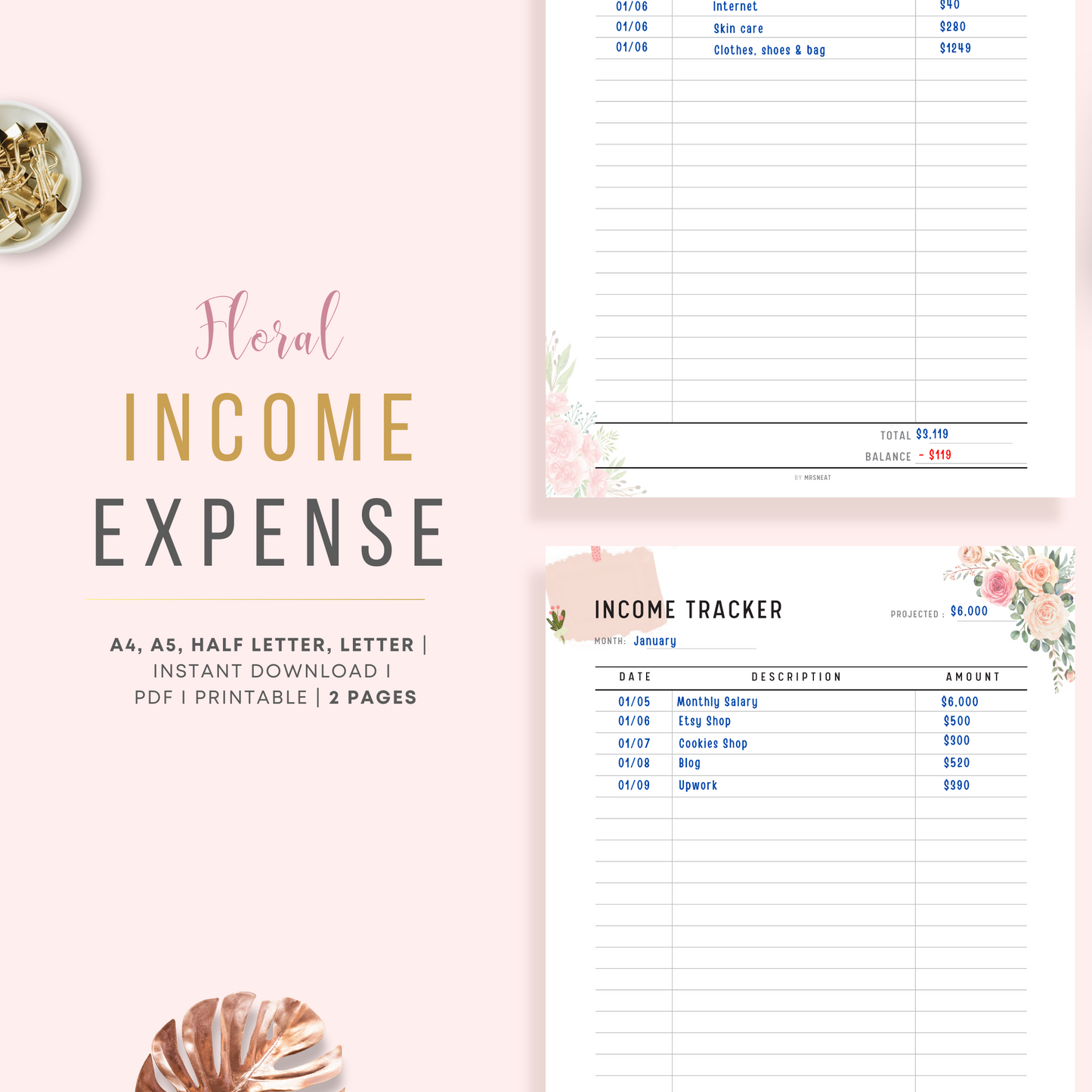 Floral Income Tracker and Expense Tracker Planner Printable