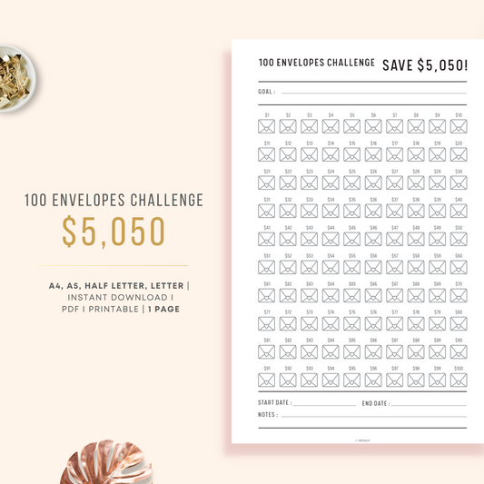 $5050 in 100 Envelopes Challenge in Minimalist and Clean Design