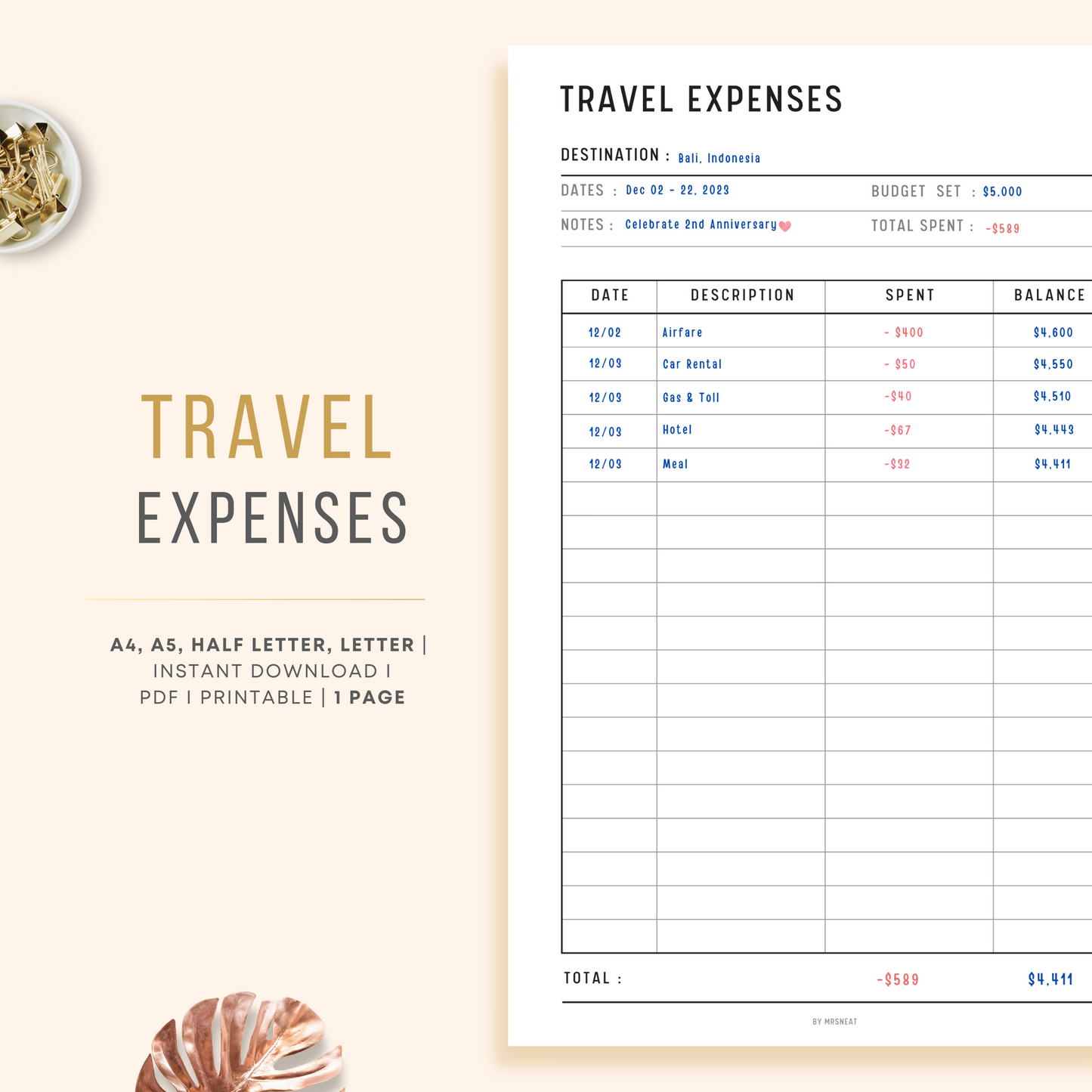 Clean Travel Expenses Tracker Planner in Minimalist Design