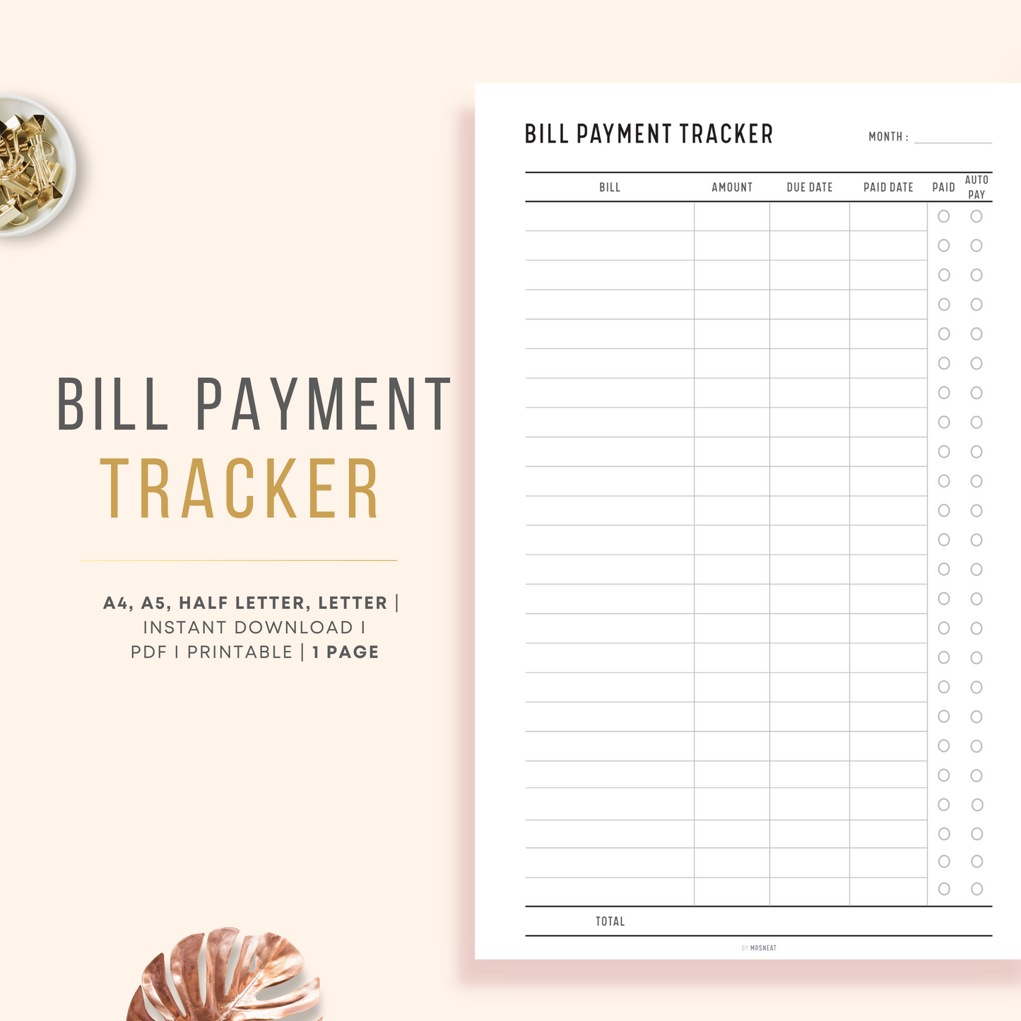 Minimalist and Clean Monthly Bill Payment Tracker Planner Printable