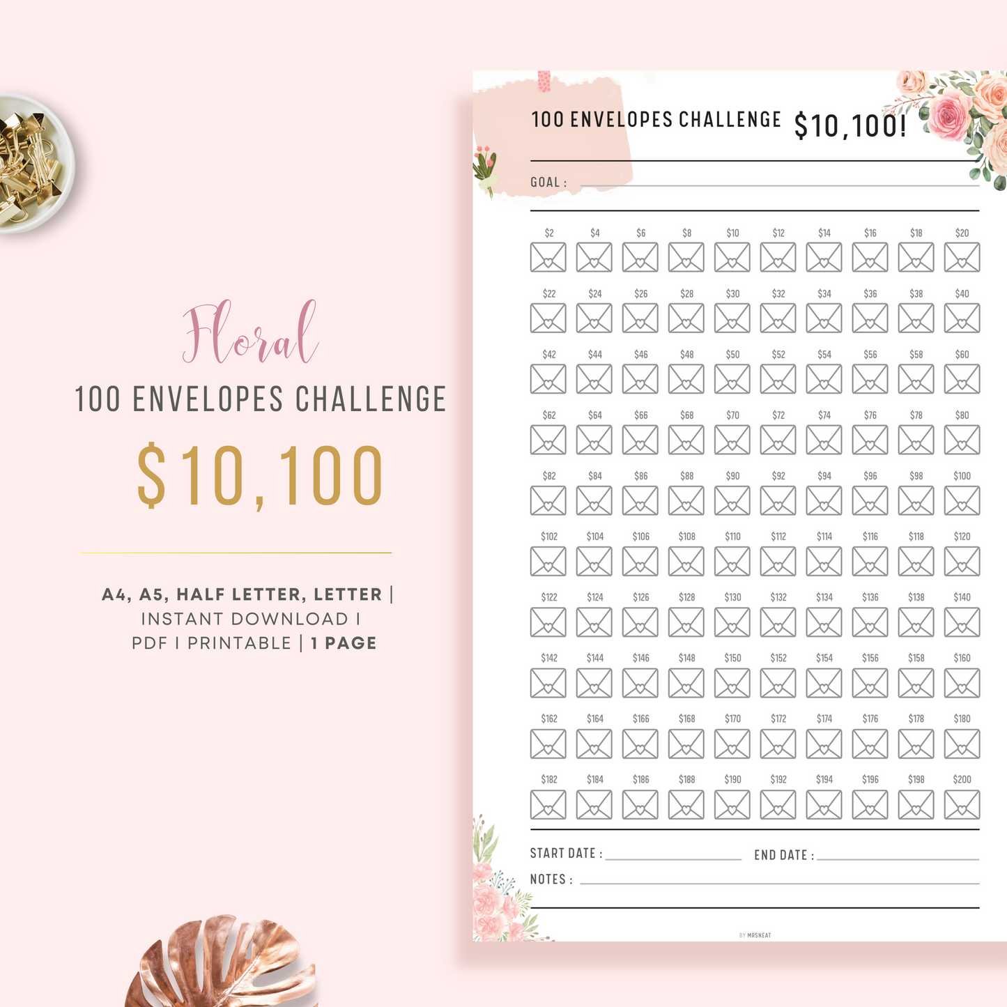 Floral $10,100 in 100 Envelope Challenge Planner with goal, notes, start and finish date