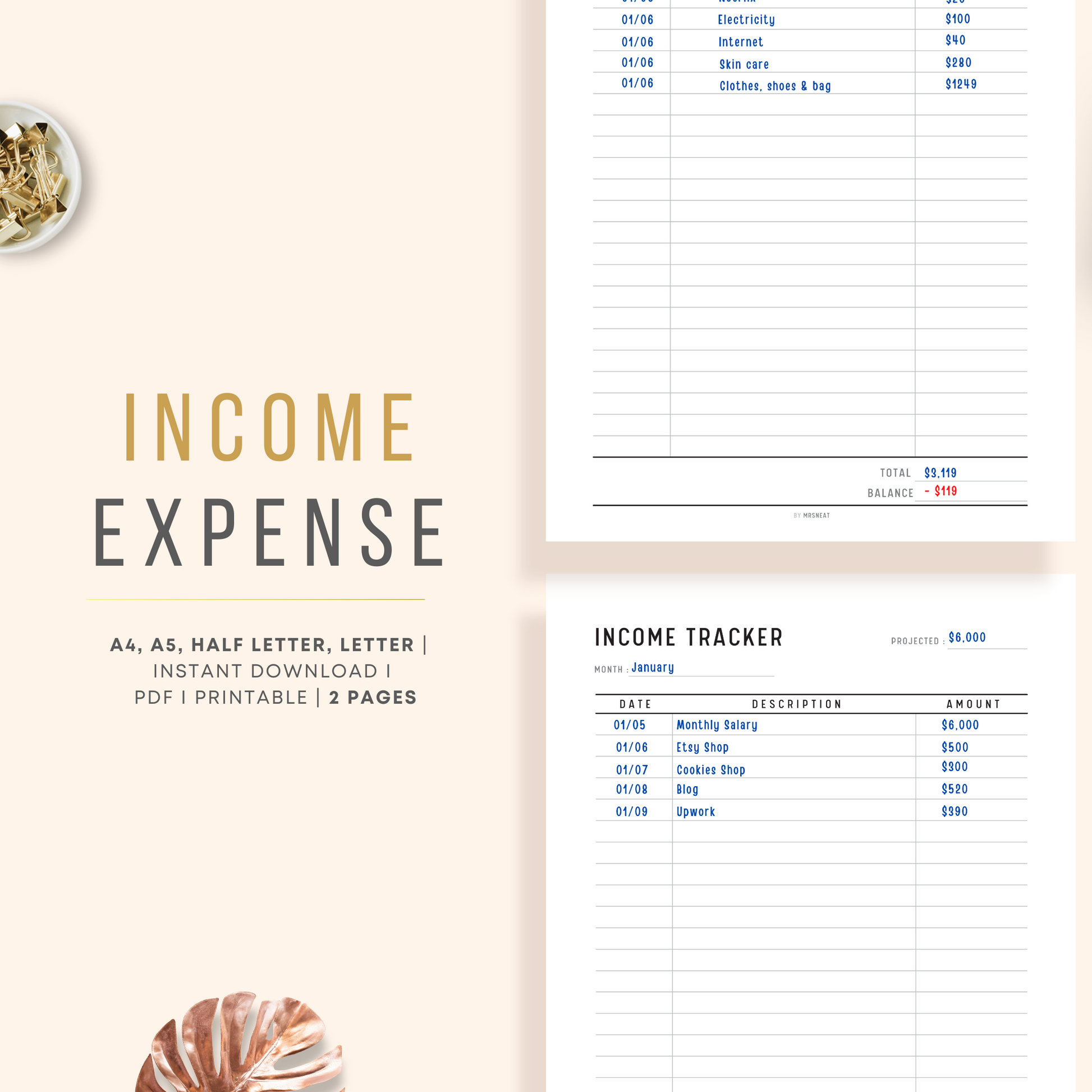 Clean and Minimalist Income Tracker and Expense Tracker Planner Printable