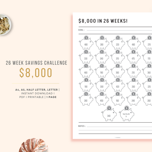 Cute Piggy Bank $8000 Money Saving Challenge in 26 Weeks Planner