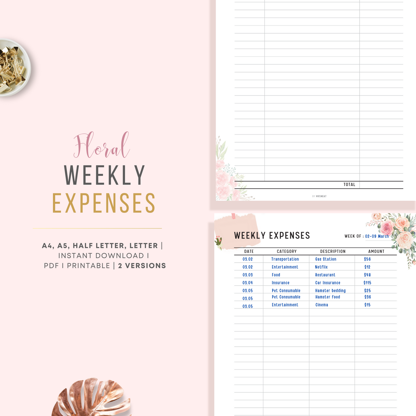 2 Pages Floral Weekly Expenses Tracker Planner Printable with different version of each page