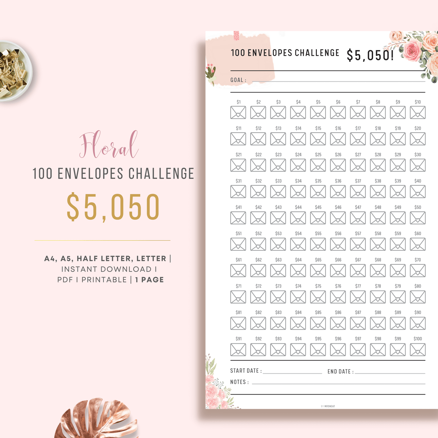 Cute and Beautiful Pink Floral 100 Envelope Challenge to save $5050