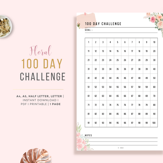 Cute Pink Floral 100 Challenge Habit Tracker Printable Planner