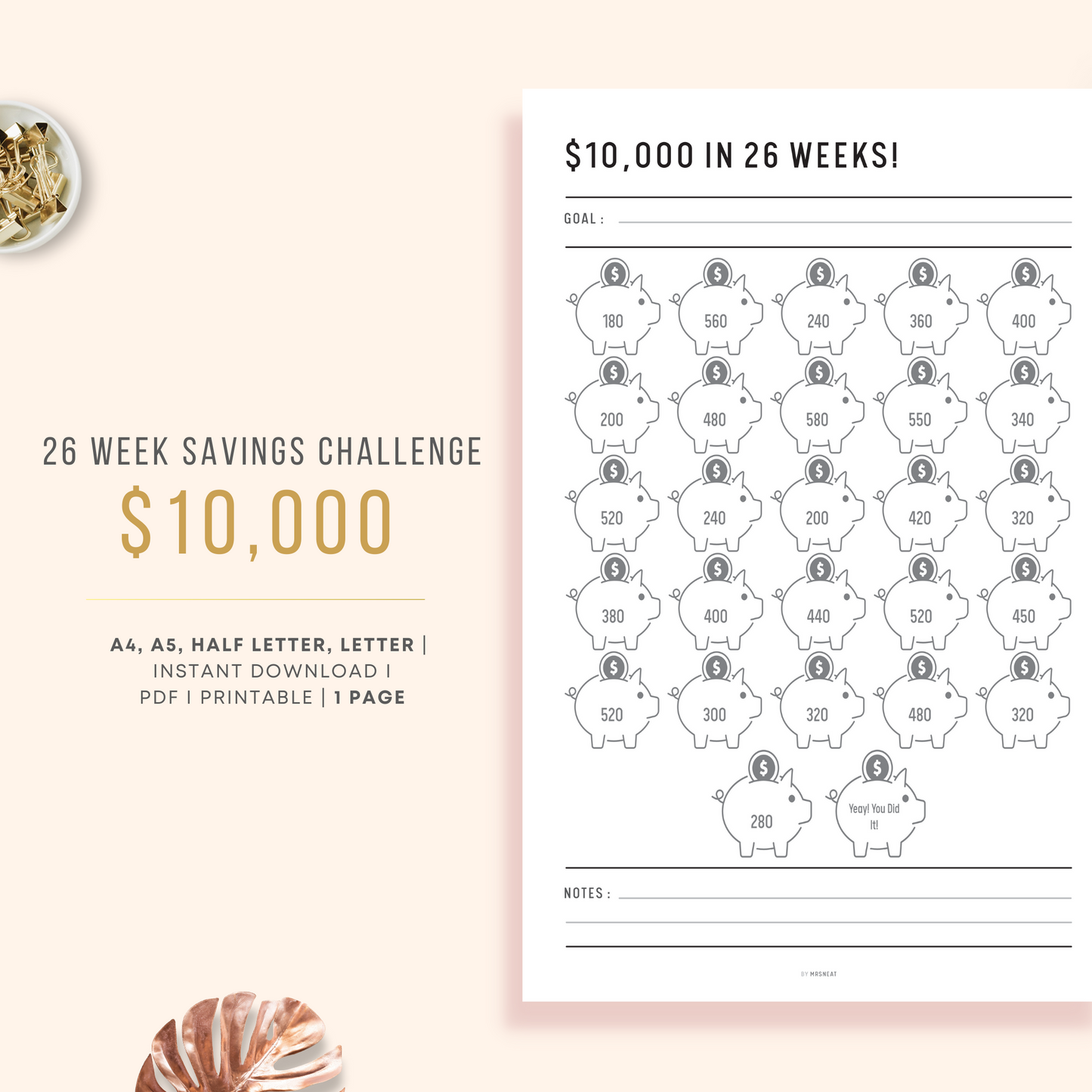 $10000 Money Saving Challenge Planner in 26 Weeks
