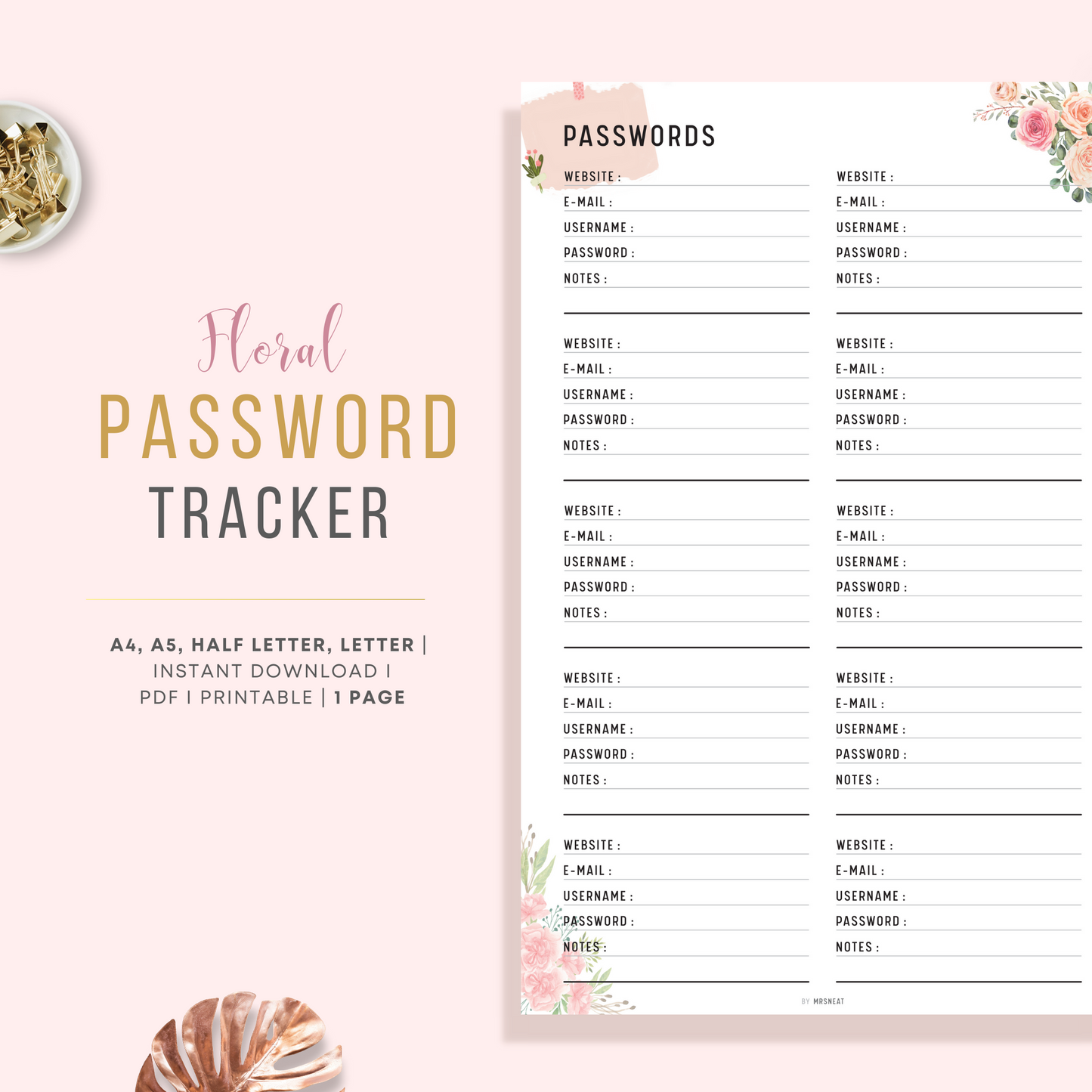 Cute and Beautiful Pink Floral Password Tracker Printable Planner