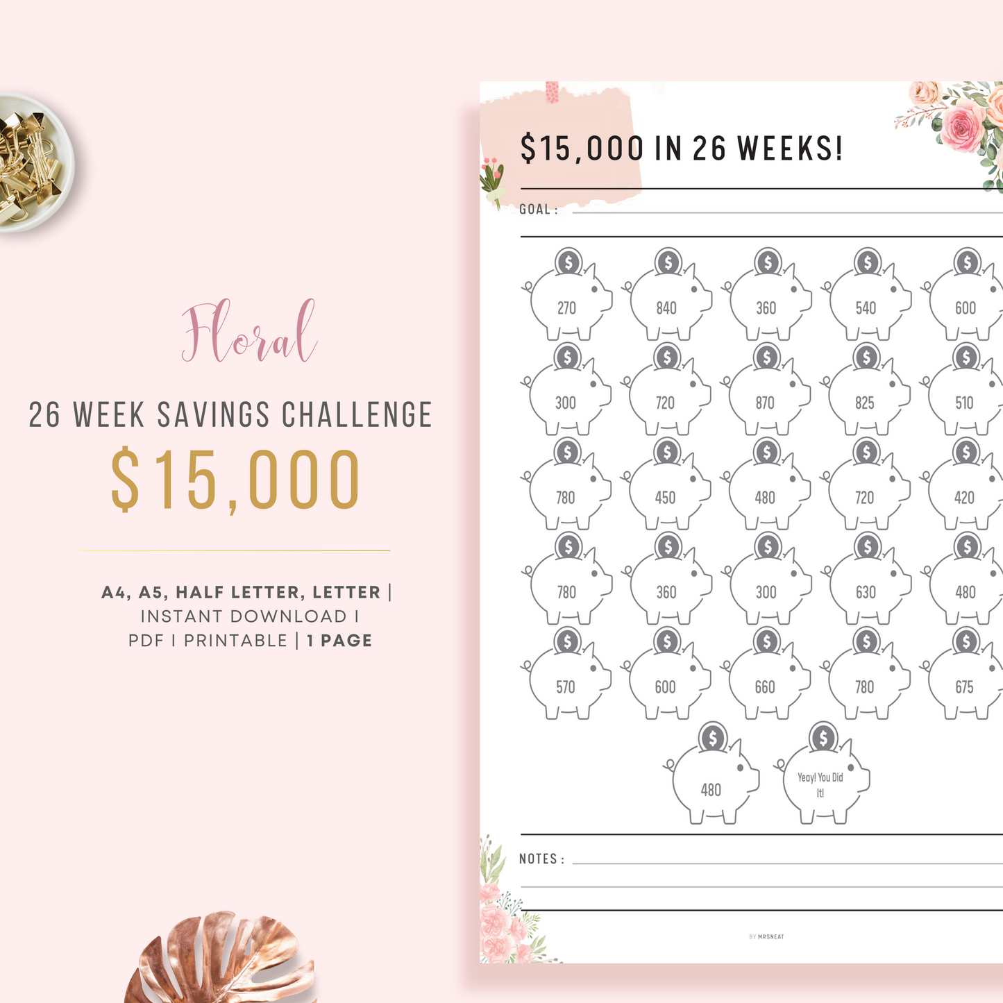 $15,000 Savings Challenge in 26 Weeks Planner with room for goal and notes in Floral Theme
