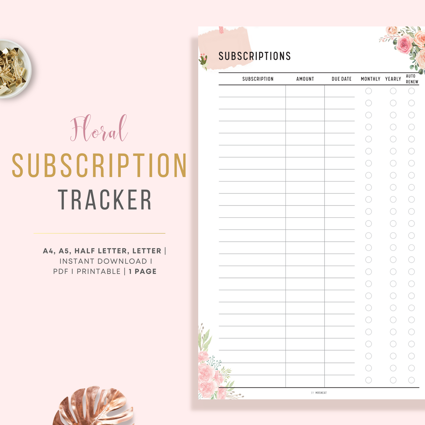 Cute and Beautiful Floral Subscription Tracker Planner Printable