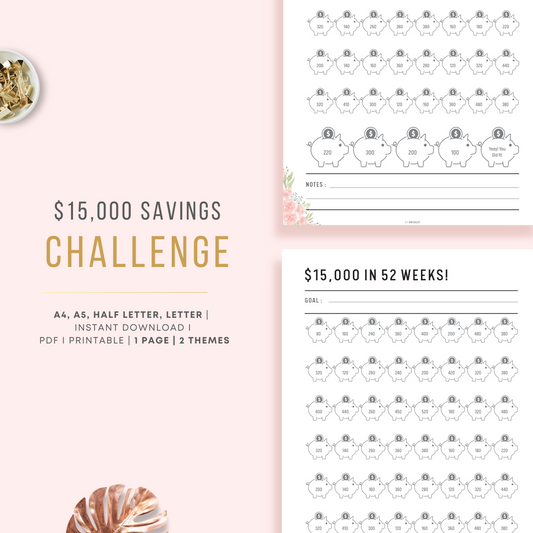 $15,000 Savings Challenge in 52 Week Planner in Neutral & Floral Theme