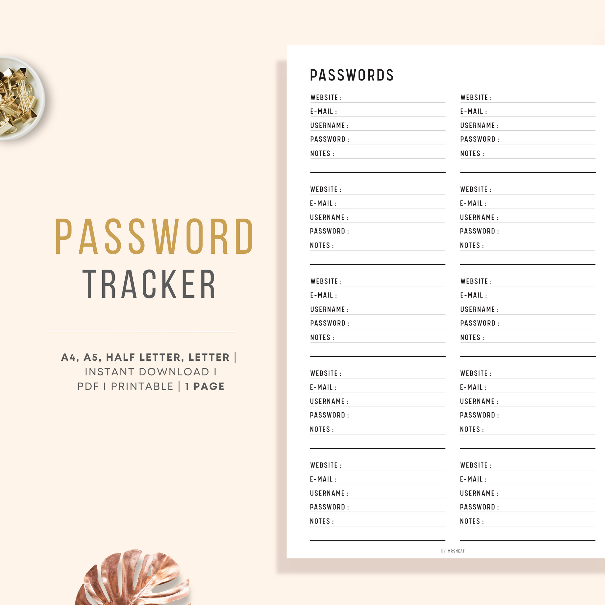 Clean and Minimalist Password Tracker Printable Planner