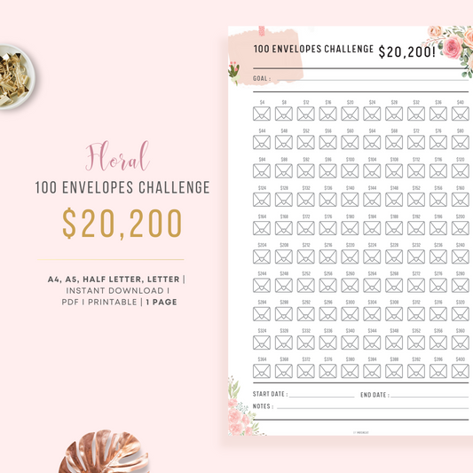 Beautiful and Cute Floral 100 Envelope Saving Challenge Planner save $20200 with room for goal and notes