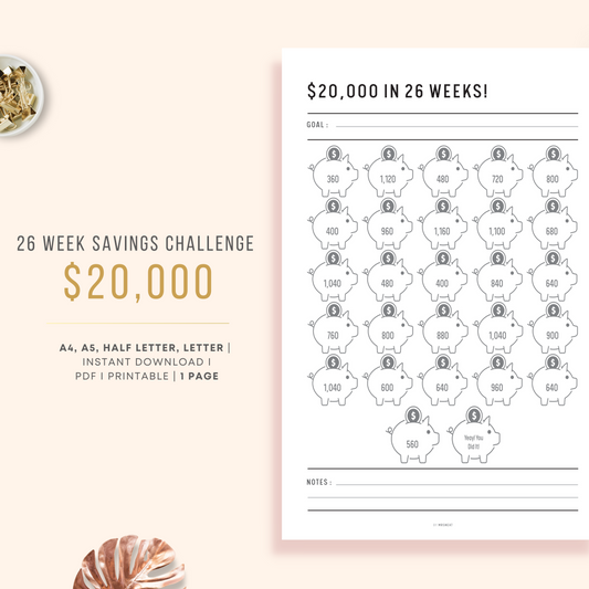 Cute and Minimalist Piggy Bank $20,000 Saving Challenge in 26 Weeks Planner with room for goal and notes