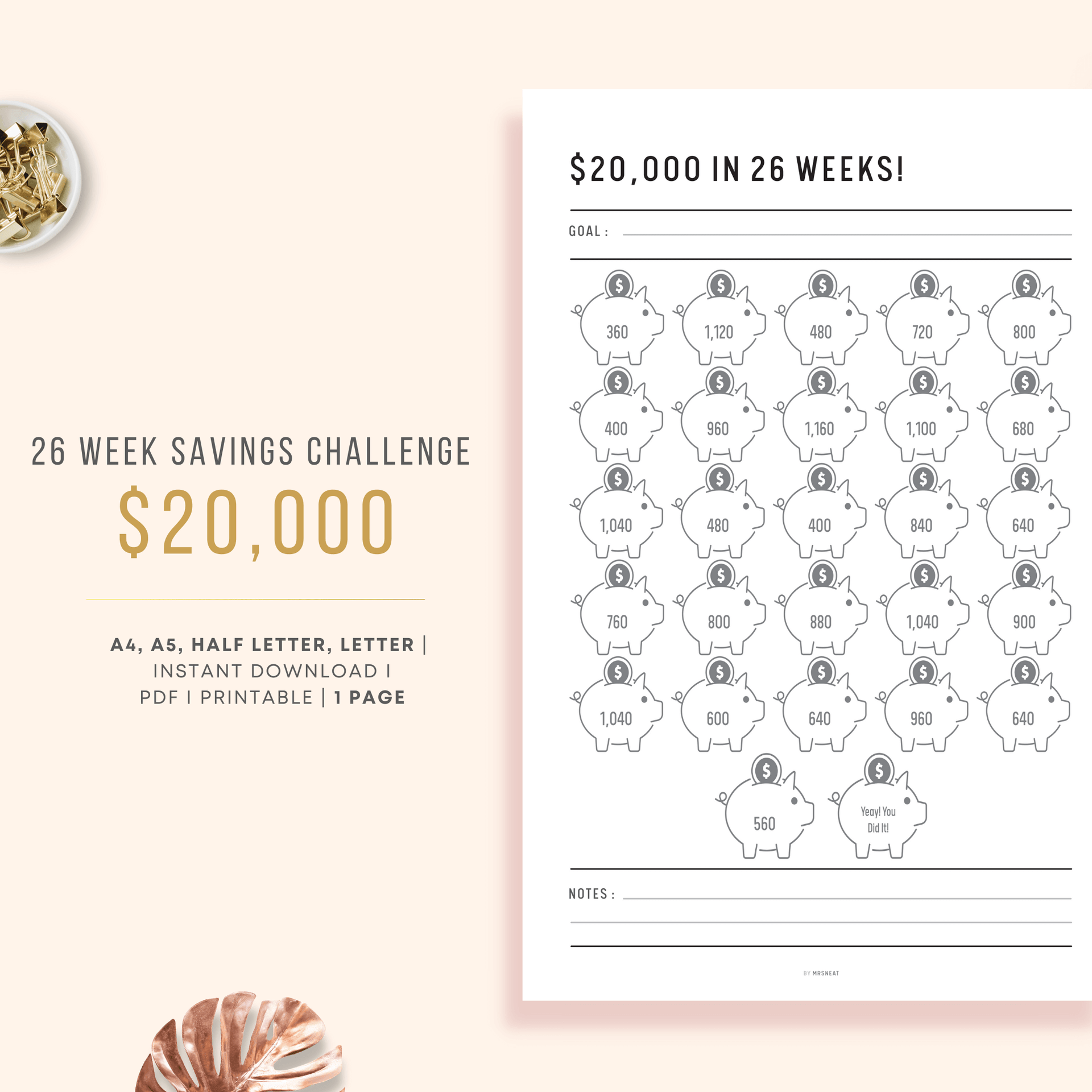 20K 52 Week Saving Challenge Printable, 20000 in 1 Year, House Savings, 20K  Savings Challenge, Savings Goal, US Letter, Instant Download 