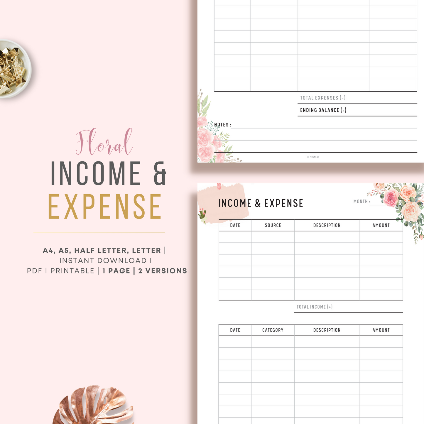 Beautiful and Cute Pink Floral Income and Expense Tracker Planner in one page