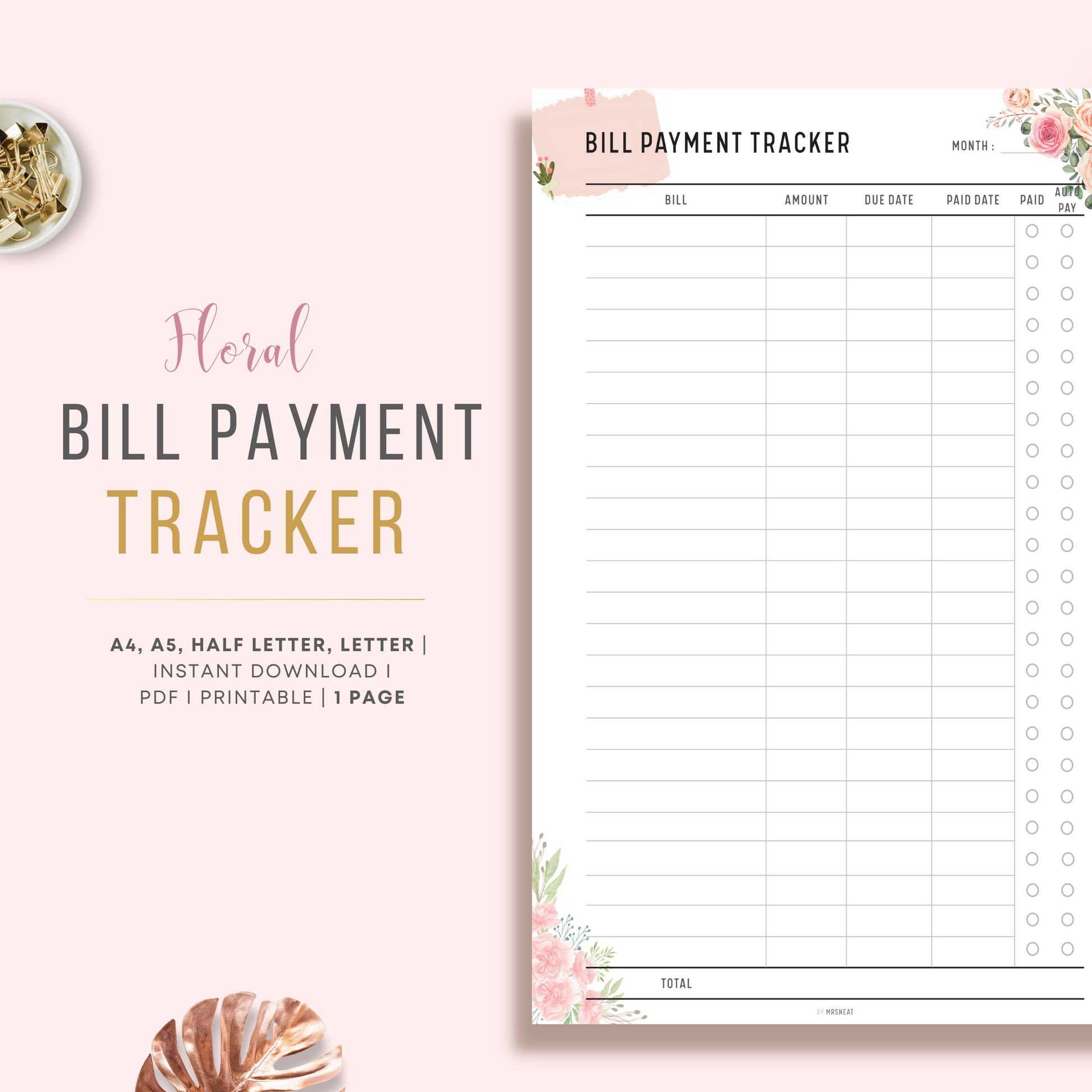 Beautiful and Cute Pink Floral Monthly Bill Payment Tracker Planner Printable